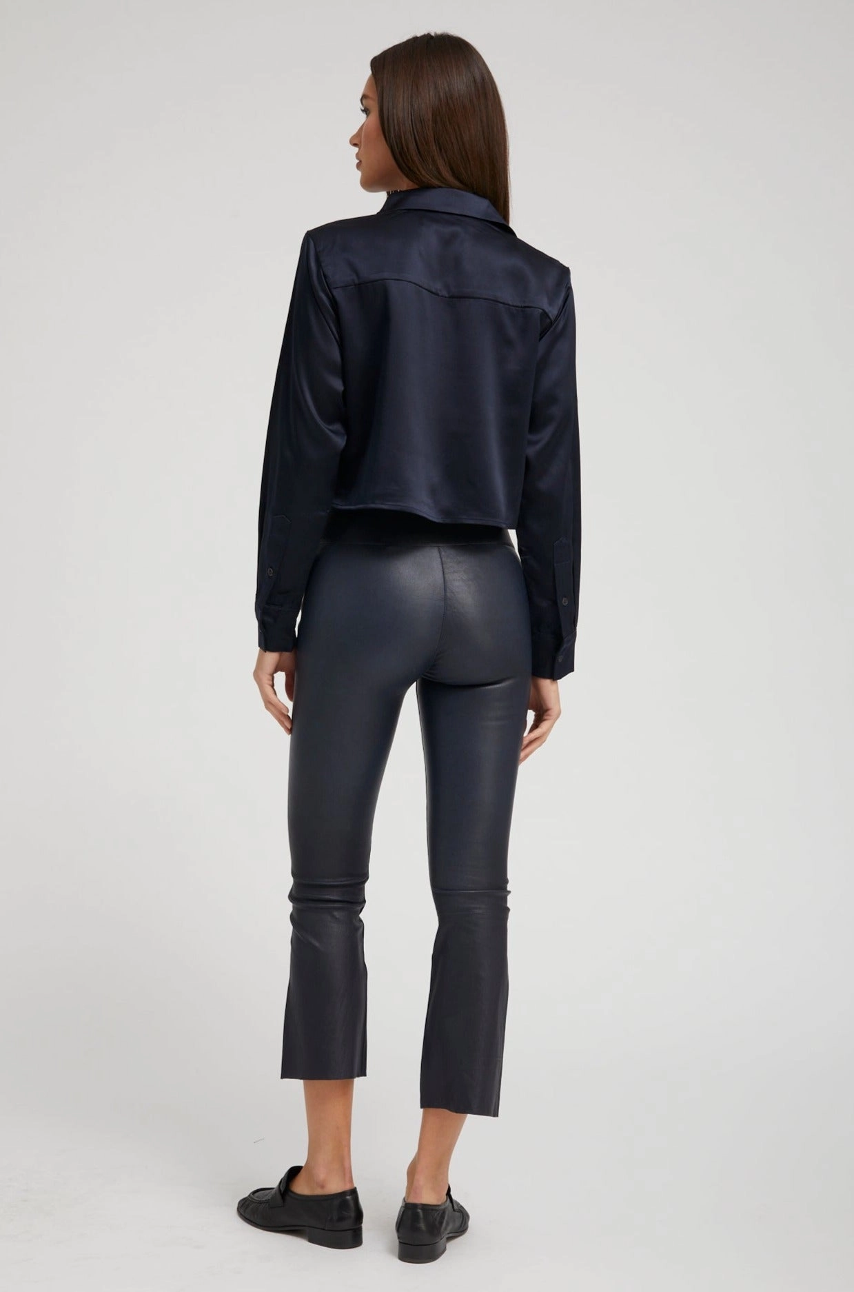 Beginner Level Holiday Outfit Navy Leather Crop Flare