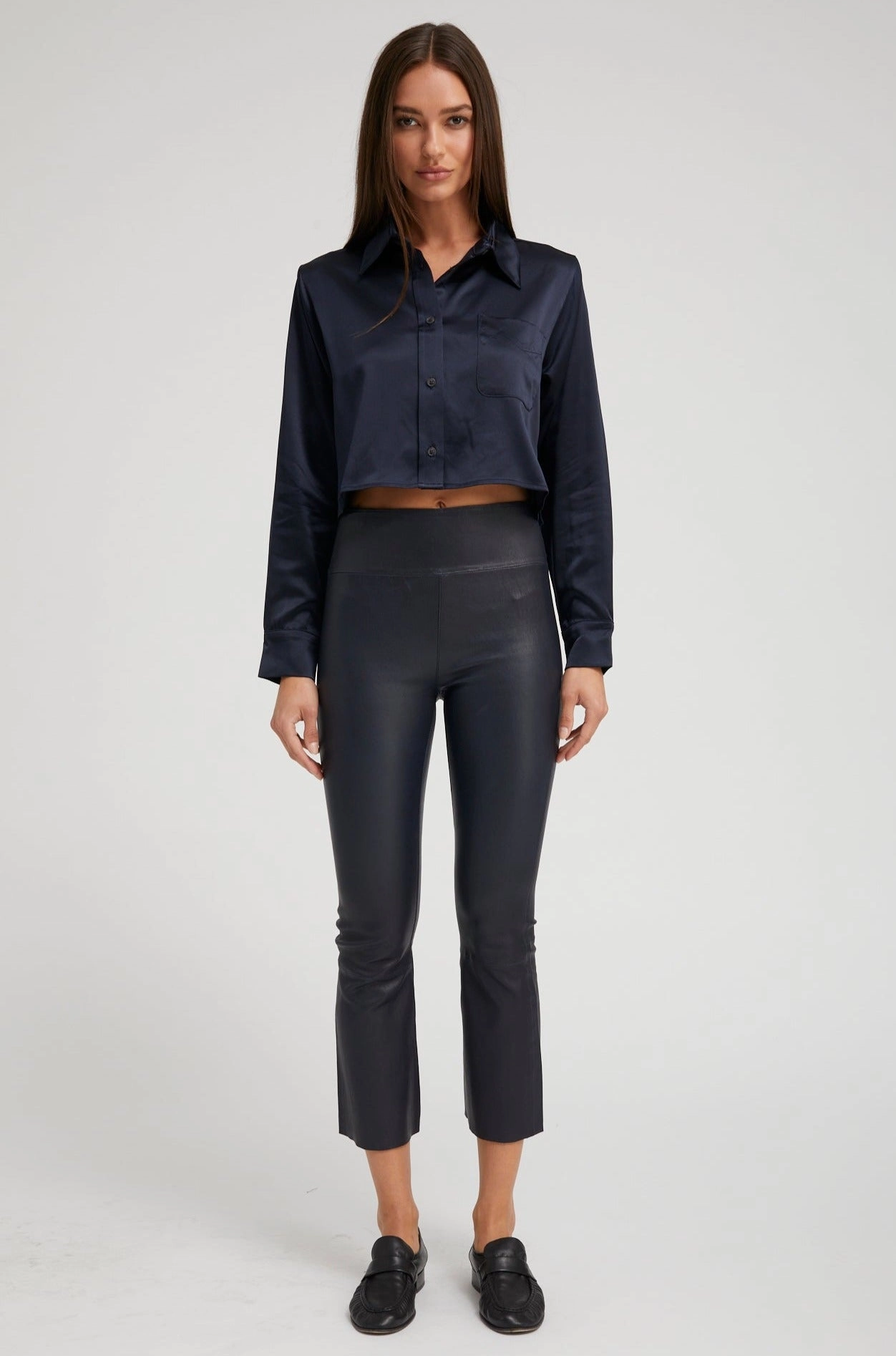 Navy Leather Crop Flare Power Fit Elastic Comfort
