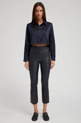 Navy Leather Crop Flare Power Fit Elastic Comfort