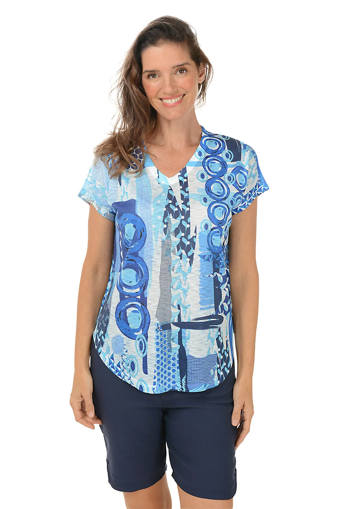 Temperature Regulating Textile DoubleStitched Hemming Ocean Blue Short Sleeve Slub Knit Top