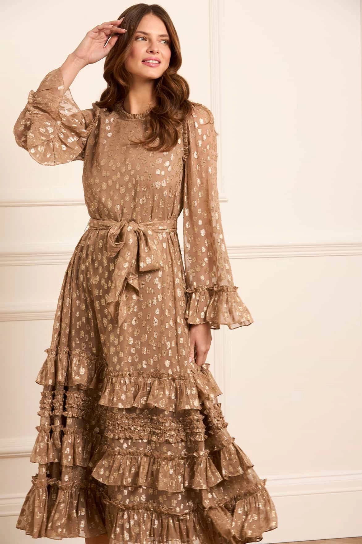 Odelle Lurex Round Neck Ankle Gown Subtle Glow