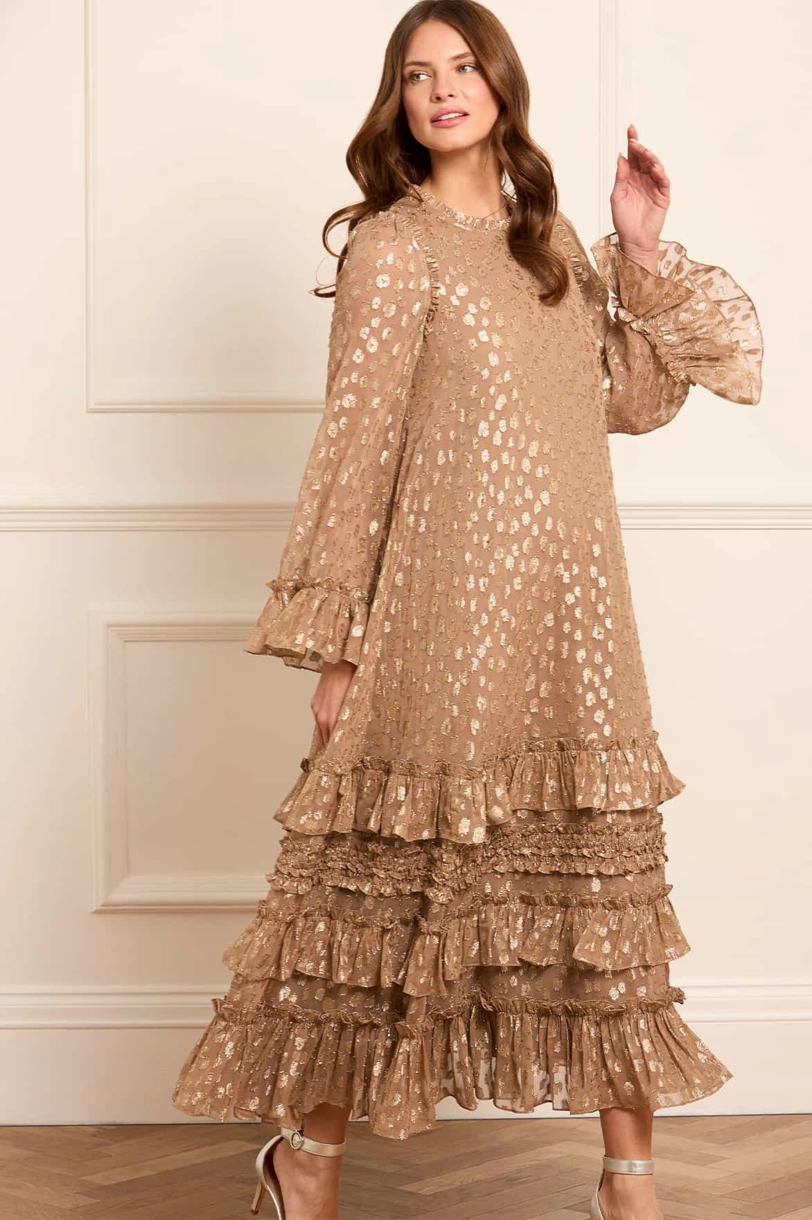 Odelle Lurex Round Neck Ankle Gown Sage Detail