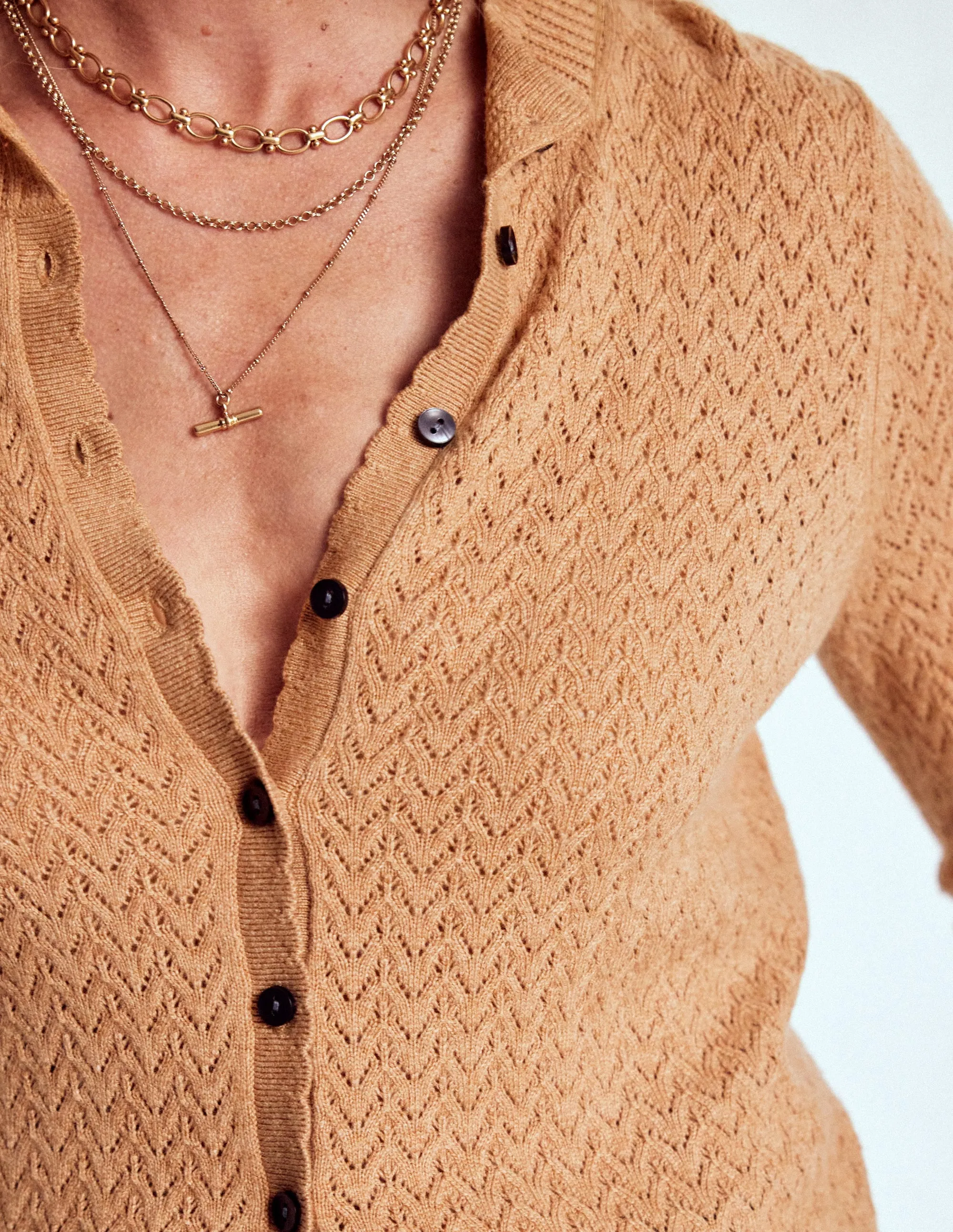 Flexible Layer SoftTouch Material Diane Pointelle Cardigan-Camel Melange