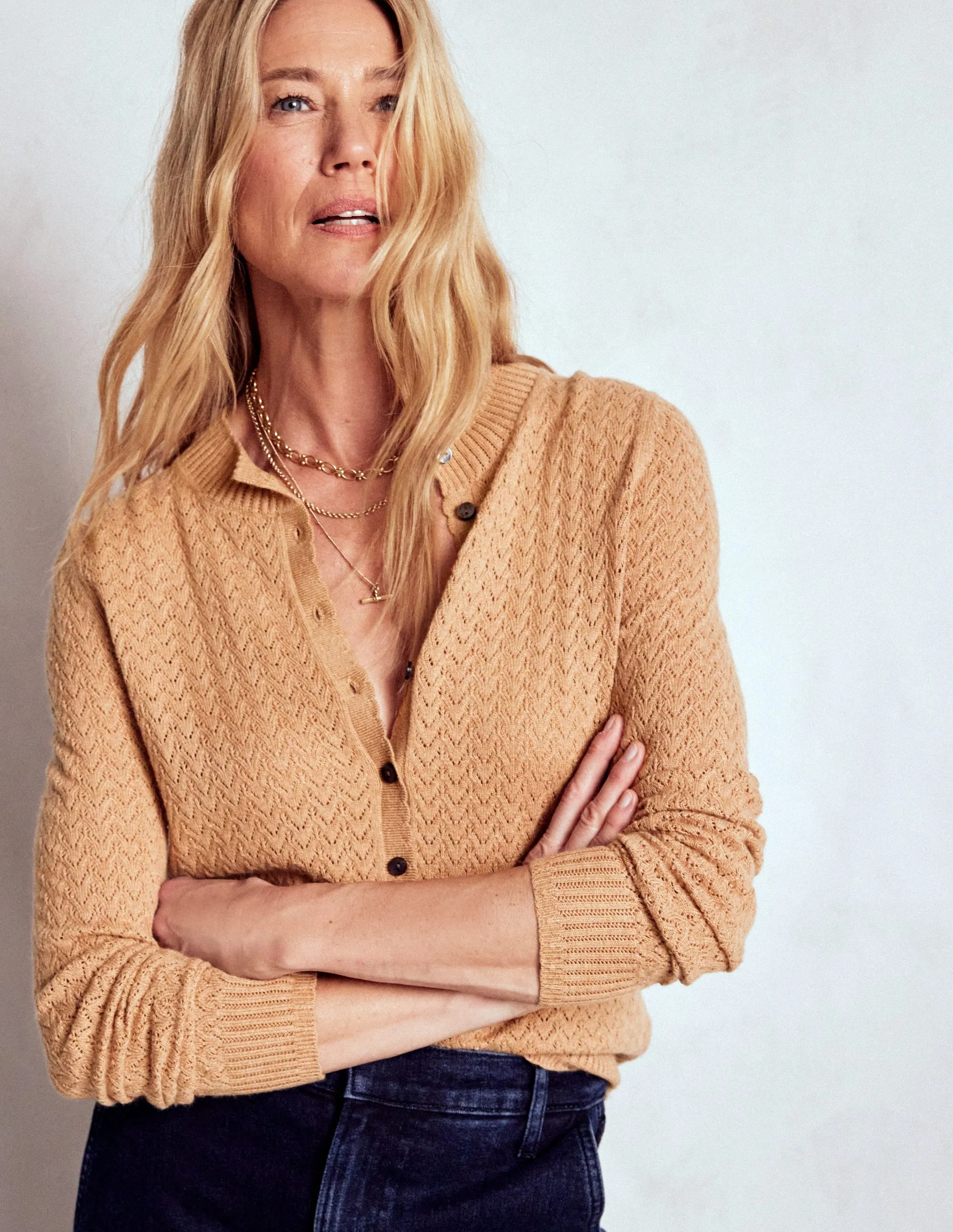 Seasonal Casual Look Diane Pointelle Cardigan-Camel Melange