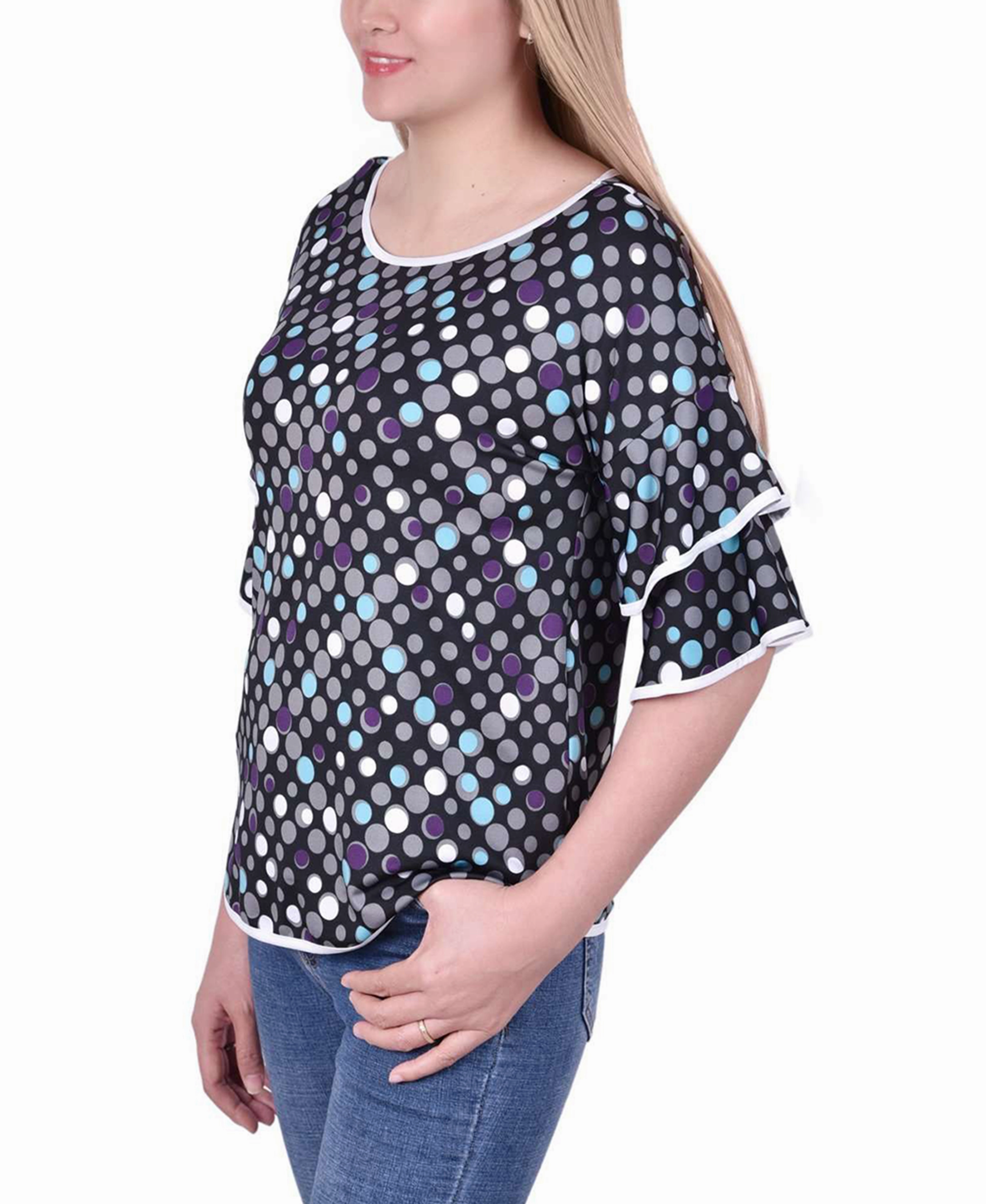 Petite Double Layer Elbow Sleeve Top Laser Cut Edges High Visibility Trim