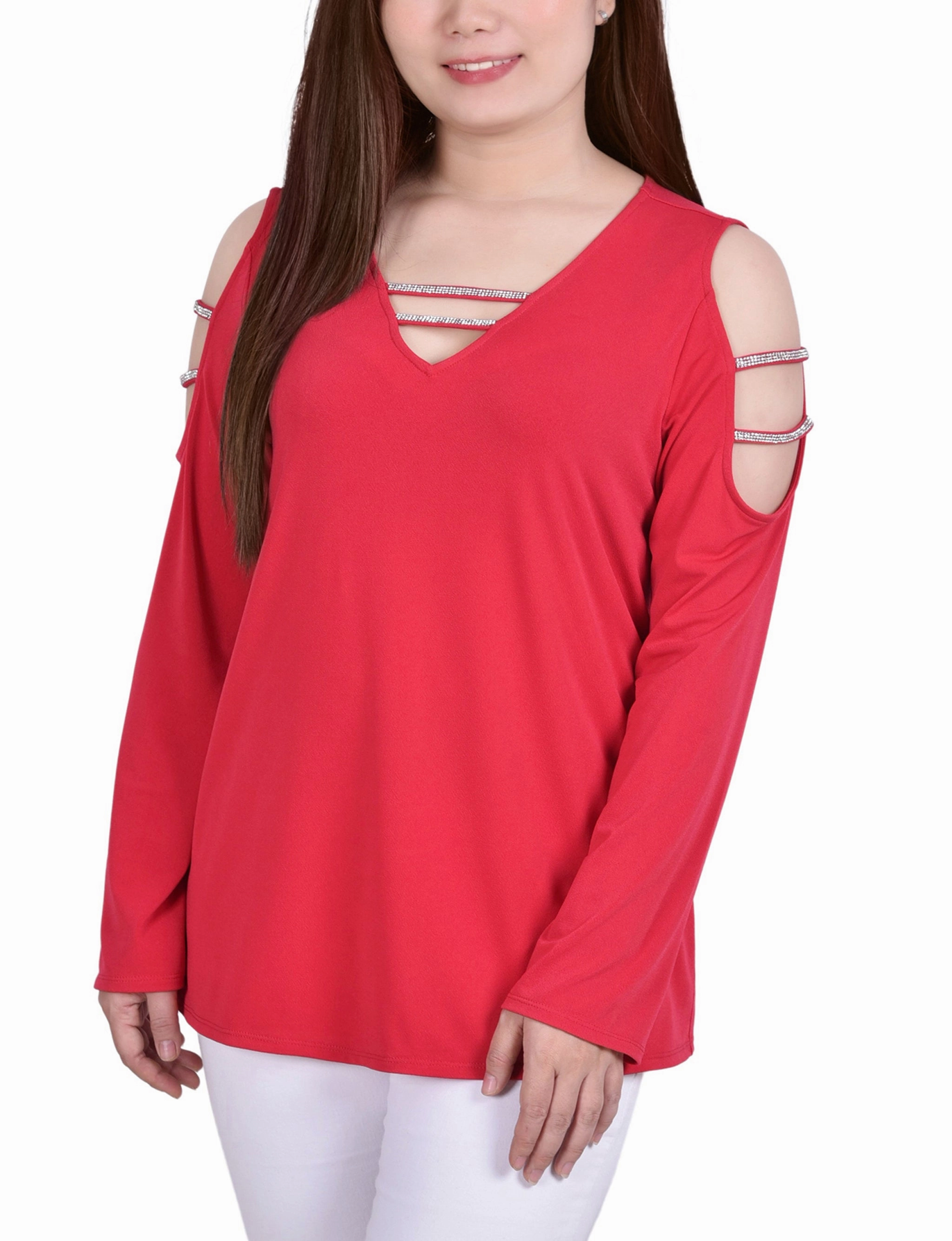 Petite Long Sleeve Knit Crepe Rhinestone Top Summer Sweater