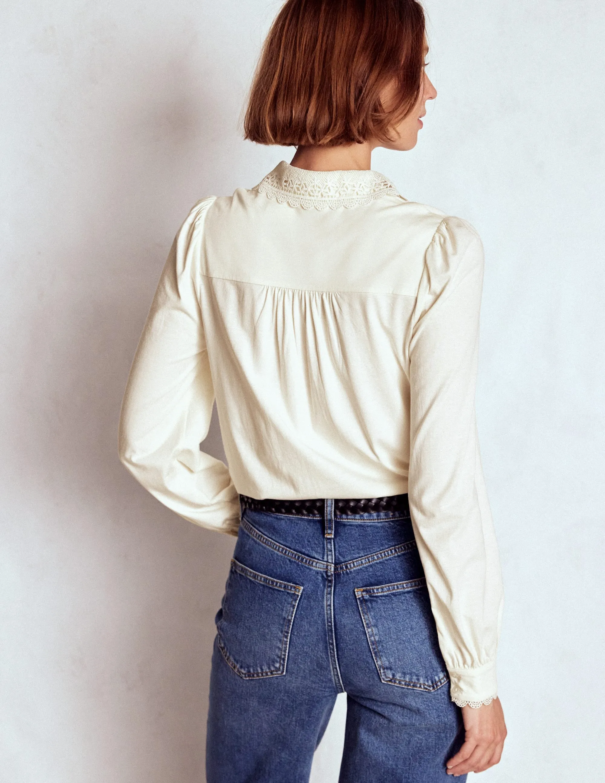 RibbedCollar Casual Blouse Lace Collar Blouse-Ivory
