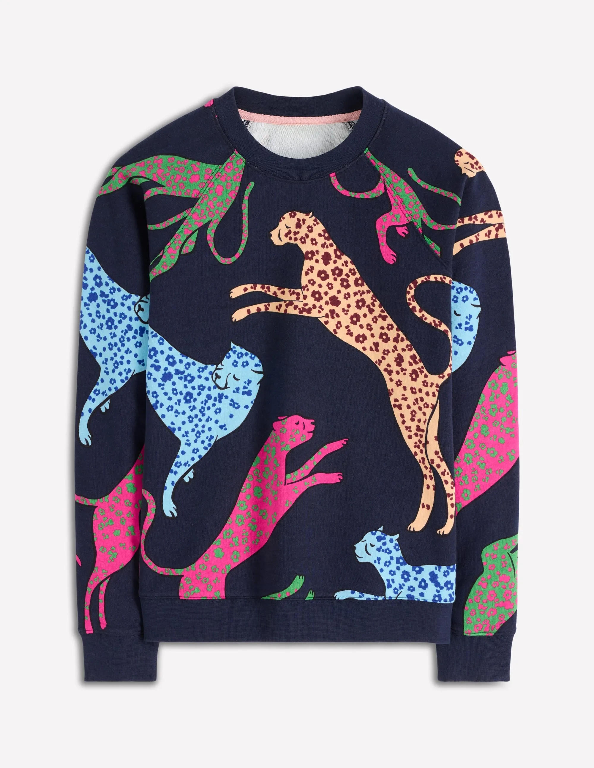 MultiPocket Rosa Printed Sweatshirt-Navy, Leaping Leopard