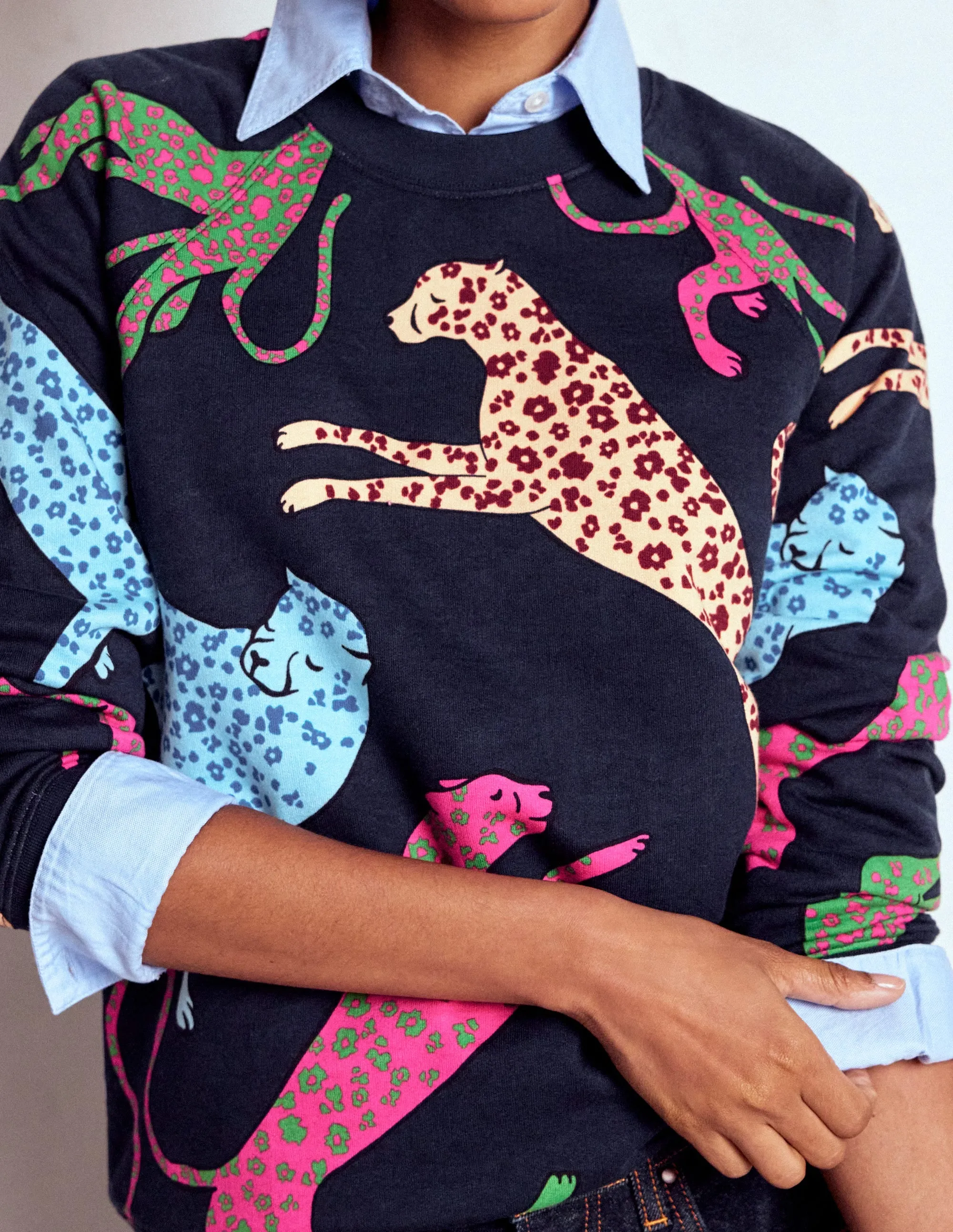 Rosa Printed Sweatshirt-Navy, Leaping Leopard LightReflective