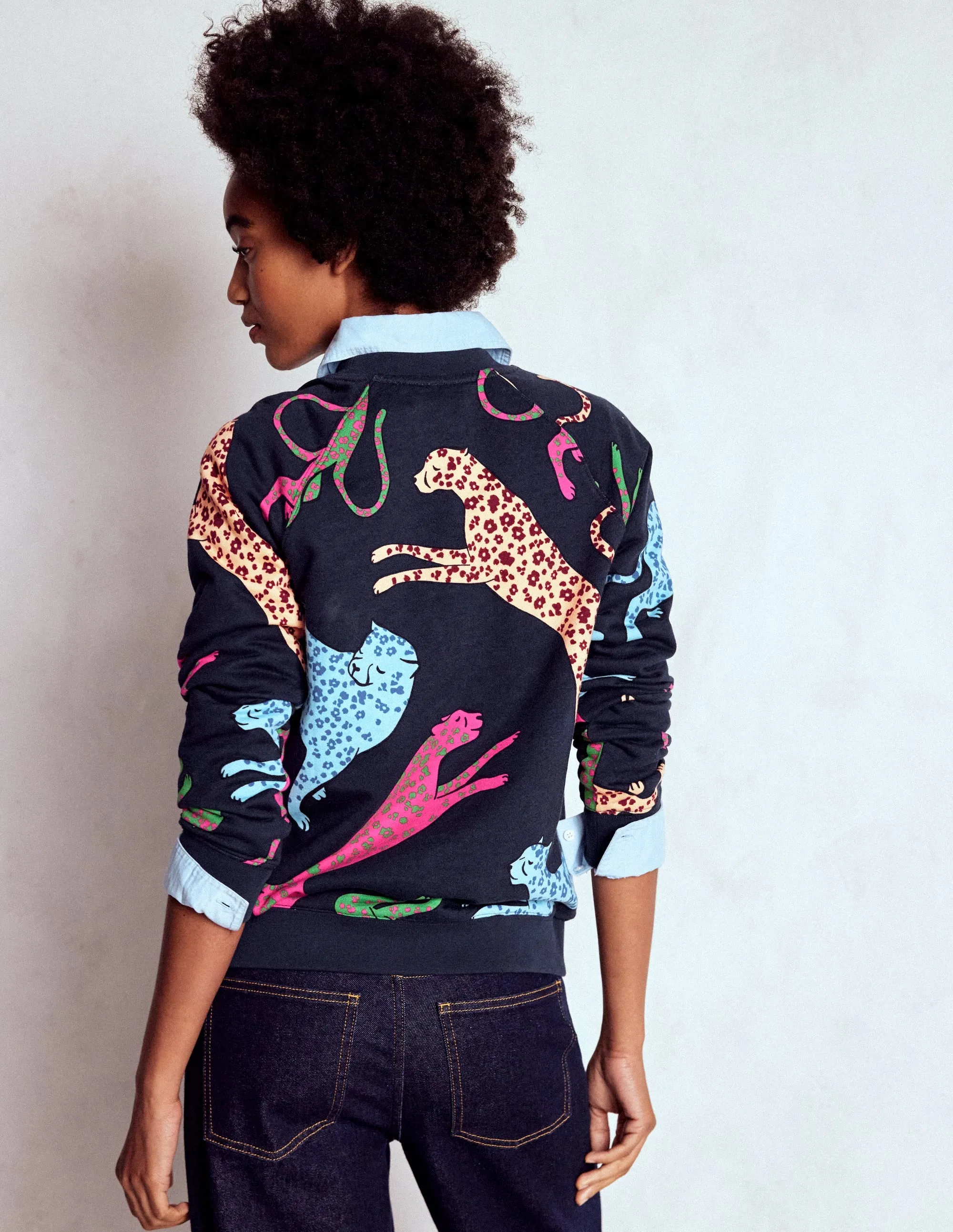 Rosa Printed Sweatshirt-Navy, Leaping Leopard Basic Dress Comfortable clothing