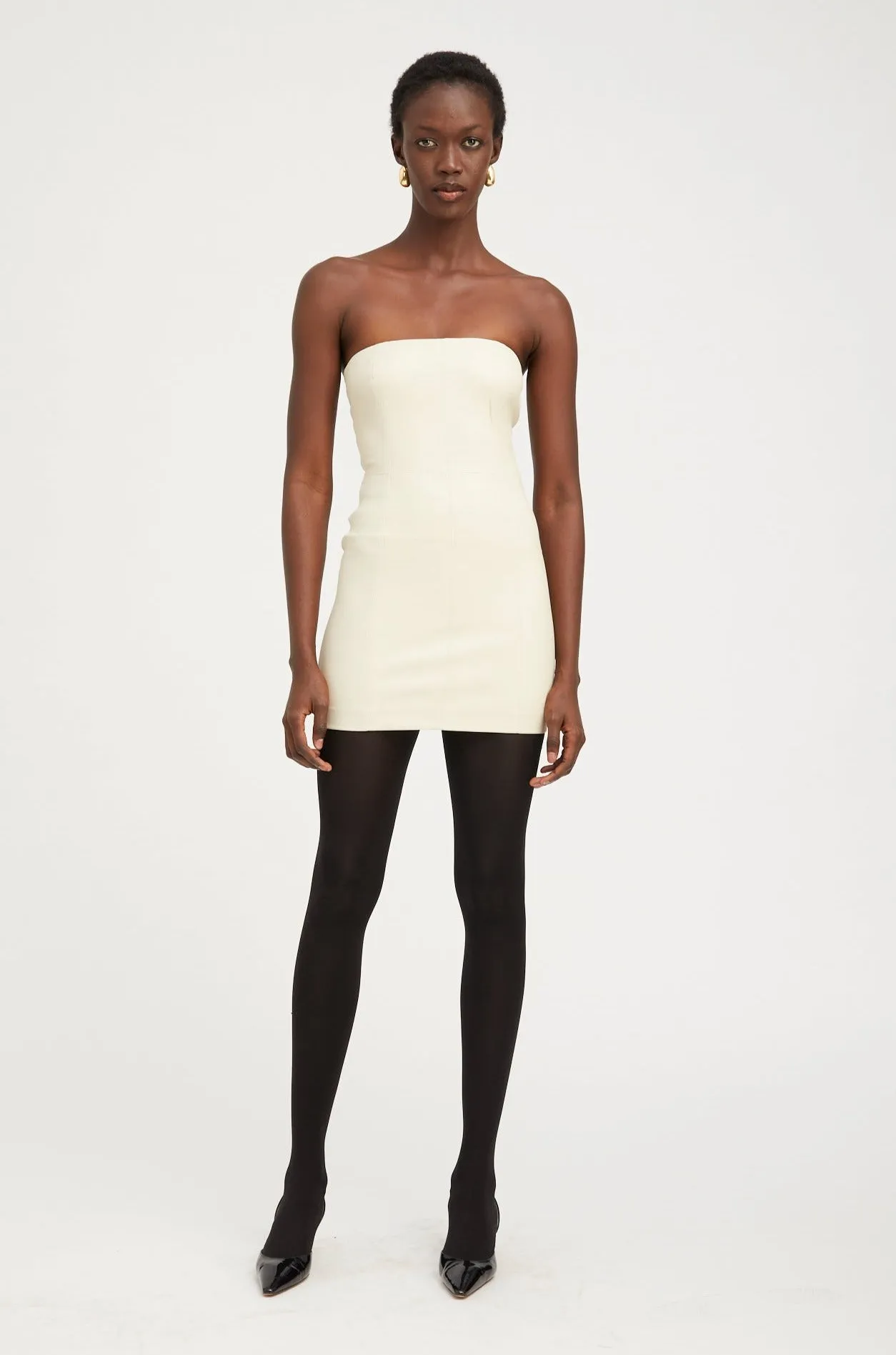 Off White Leather Strapless Dress Flap-Detail Comfy Flex