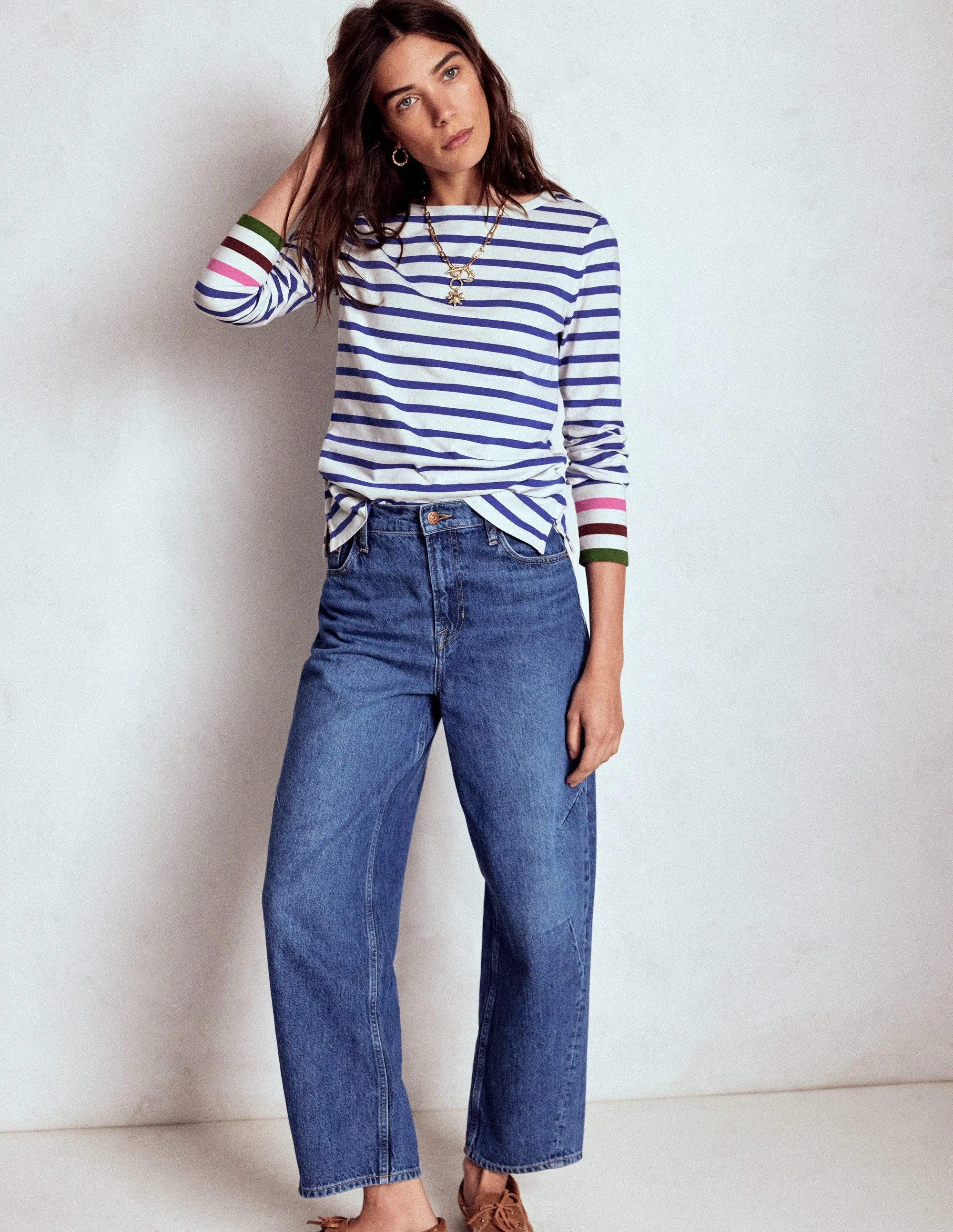 BoxyCrop Olivia Long Sleeve Breton-Kingfisher Blue, Multi Cuff