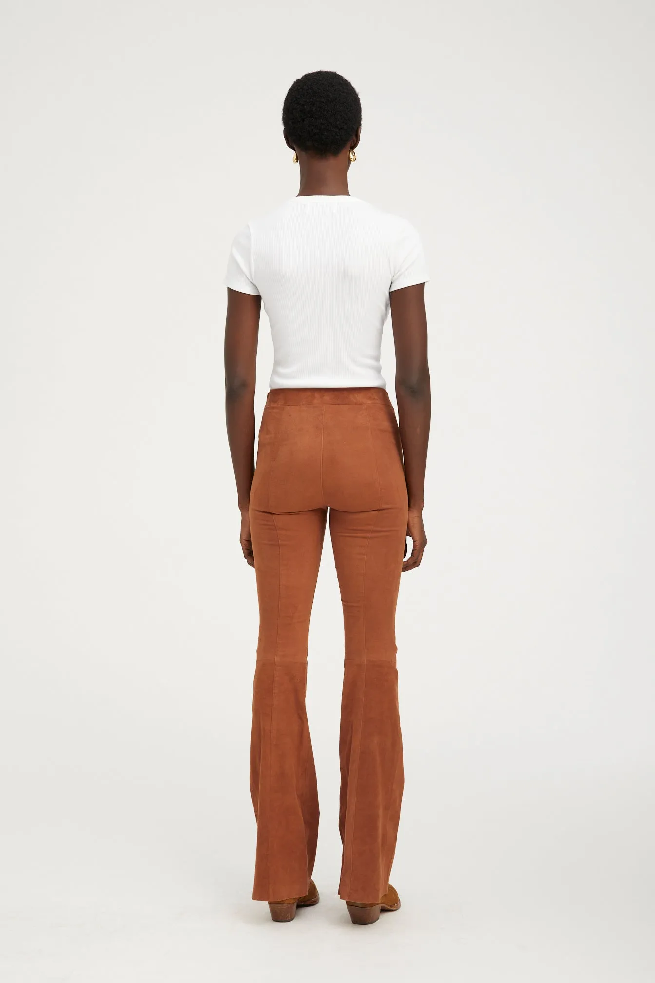 Cognac Suede Patch Pocket Super Flare Pants Perfectly Fit Casual Wearable