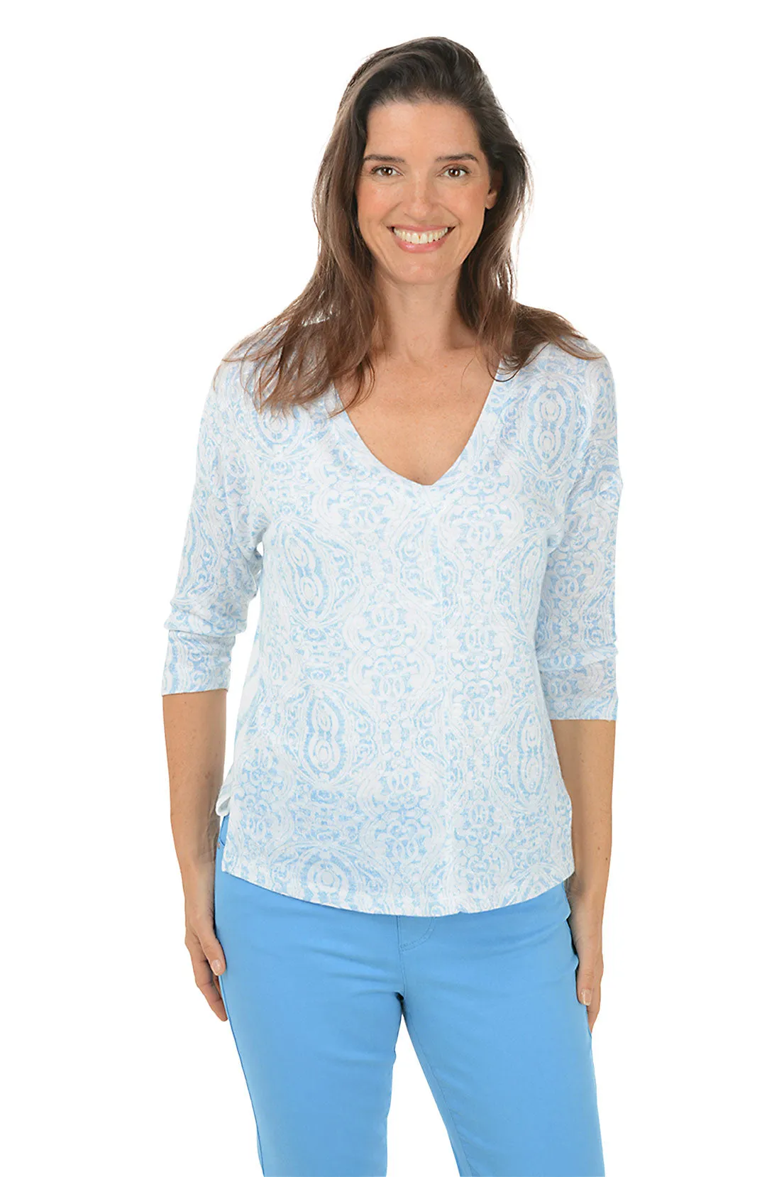 Damask Medallion V-Neck Knit Top Tagless Collar Friction Resistant Finish