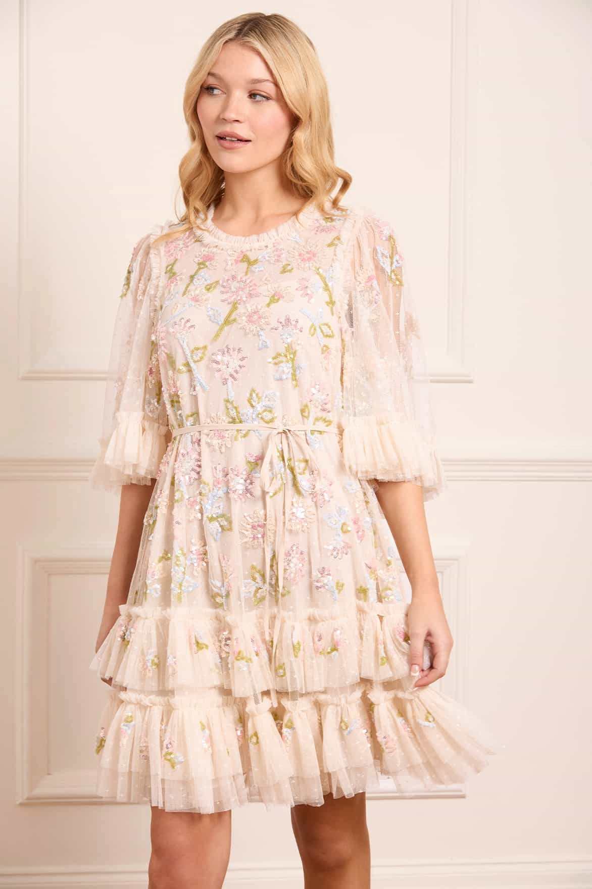 Sequin Dandelion Gloss Mini Dress Sleek and Flattering Blush Shade