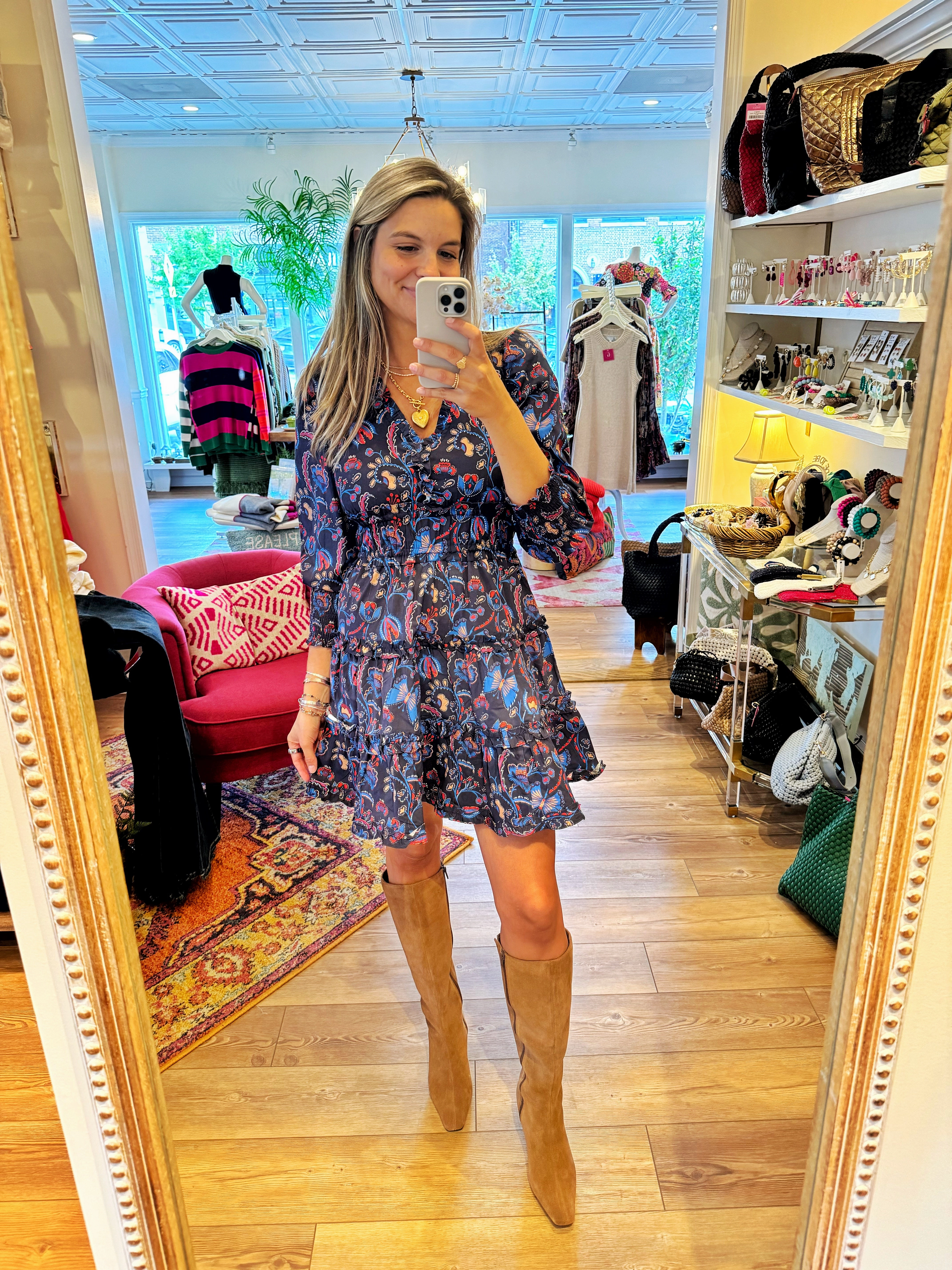 LS Smocked Waist Dress Navy Trendy Fit