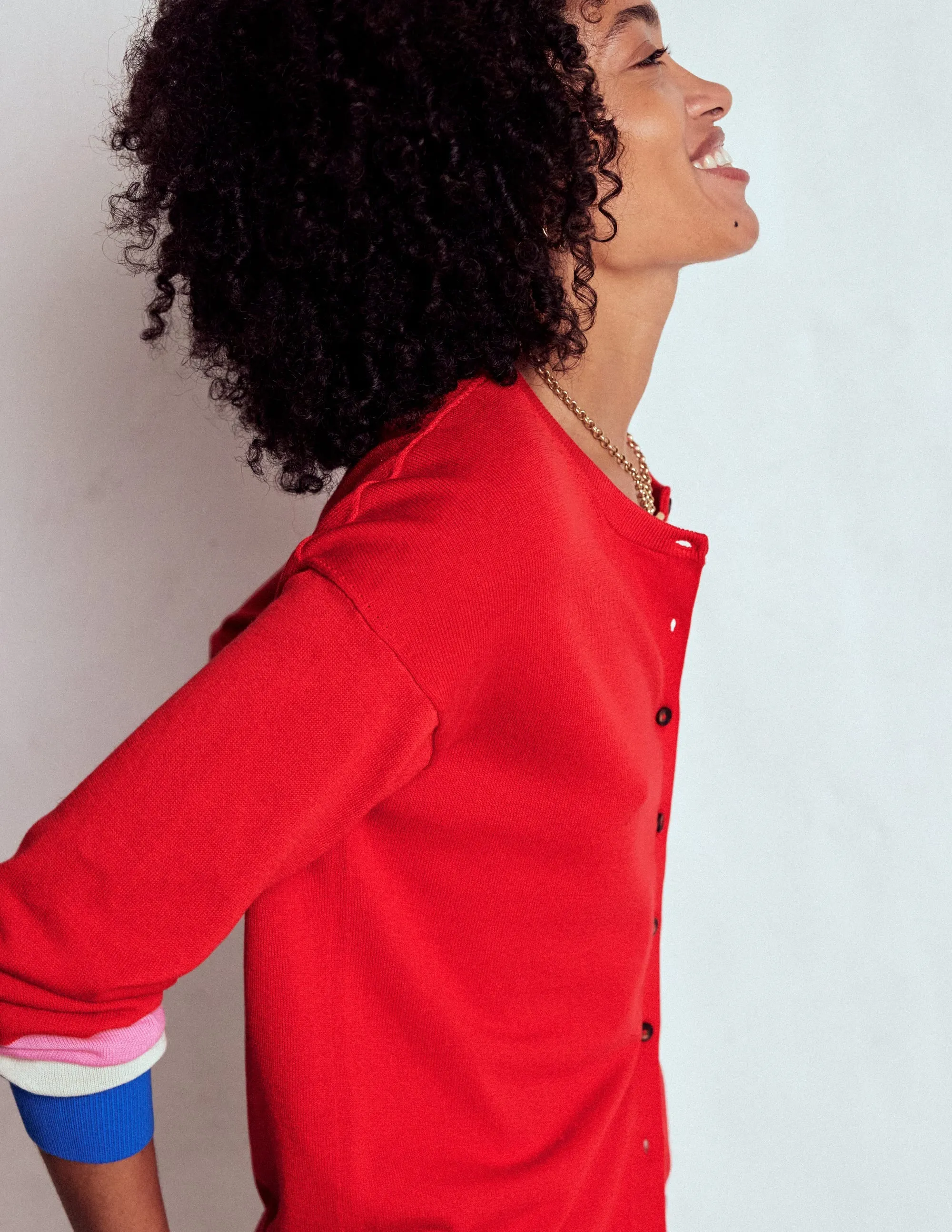 Flatlock stitching Lara Relaxed Cotton Cardigan-Poppy Red, Cuff Stripe