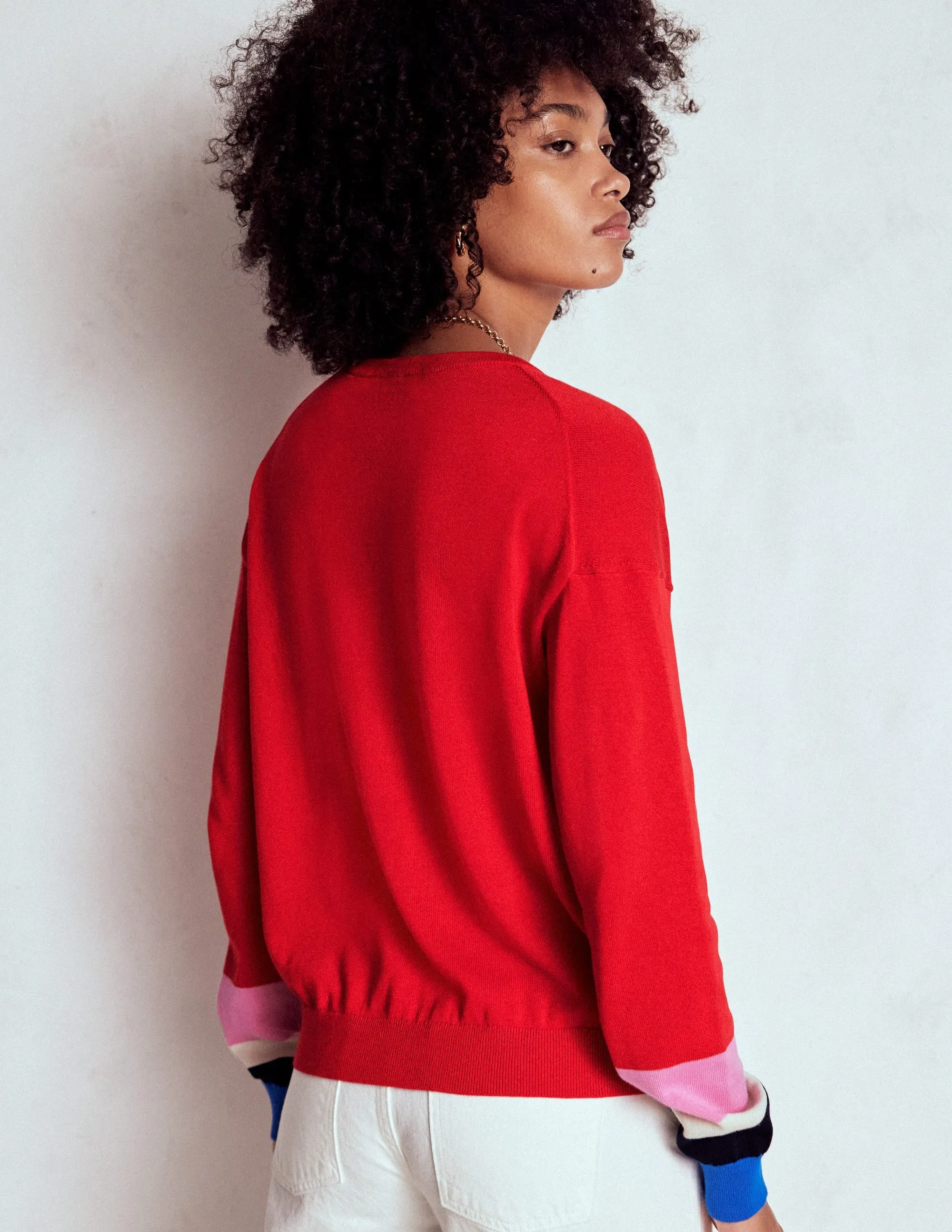 Smart Casual Lara Relaxed Cotton Cardigan-Poppy Red, Cuff Stripe