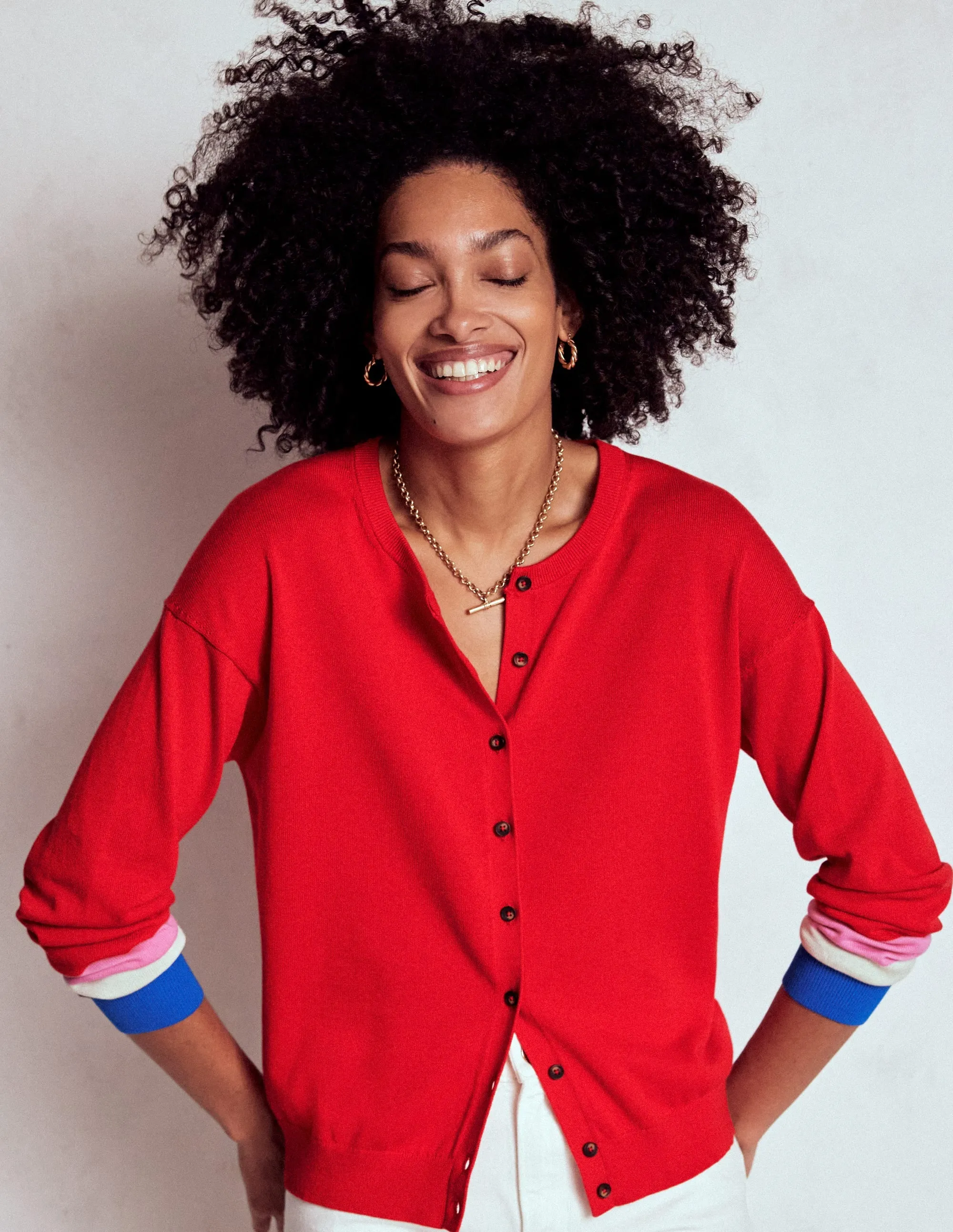 Seasonless Style Shrink Resistant Process Lara Relaxed Cotton Cardigan-Poppy Red, Cuff Stripe