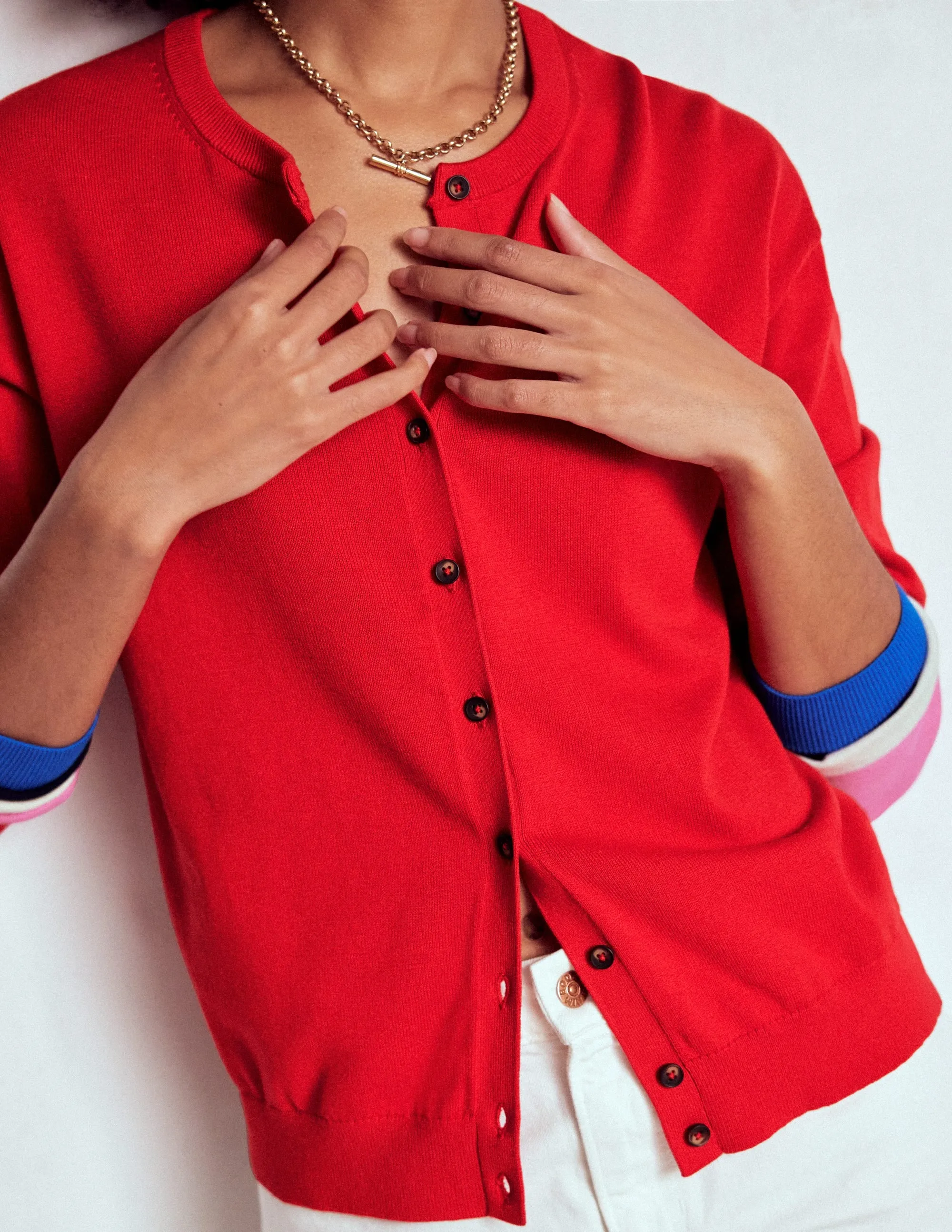 Garment Dye Process Lara Relaxed Cotton Cardigan-Poppy Red, Cuff Stripe