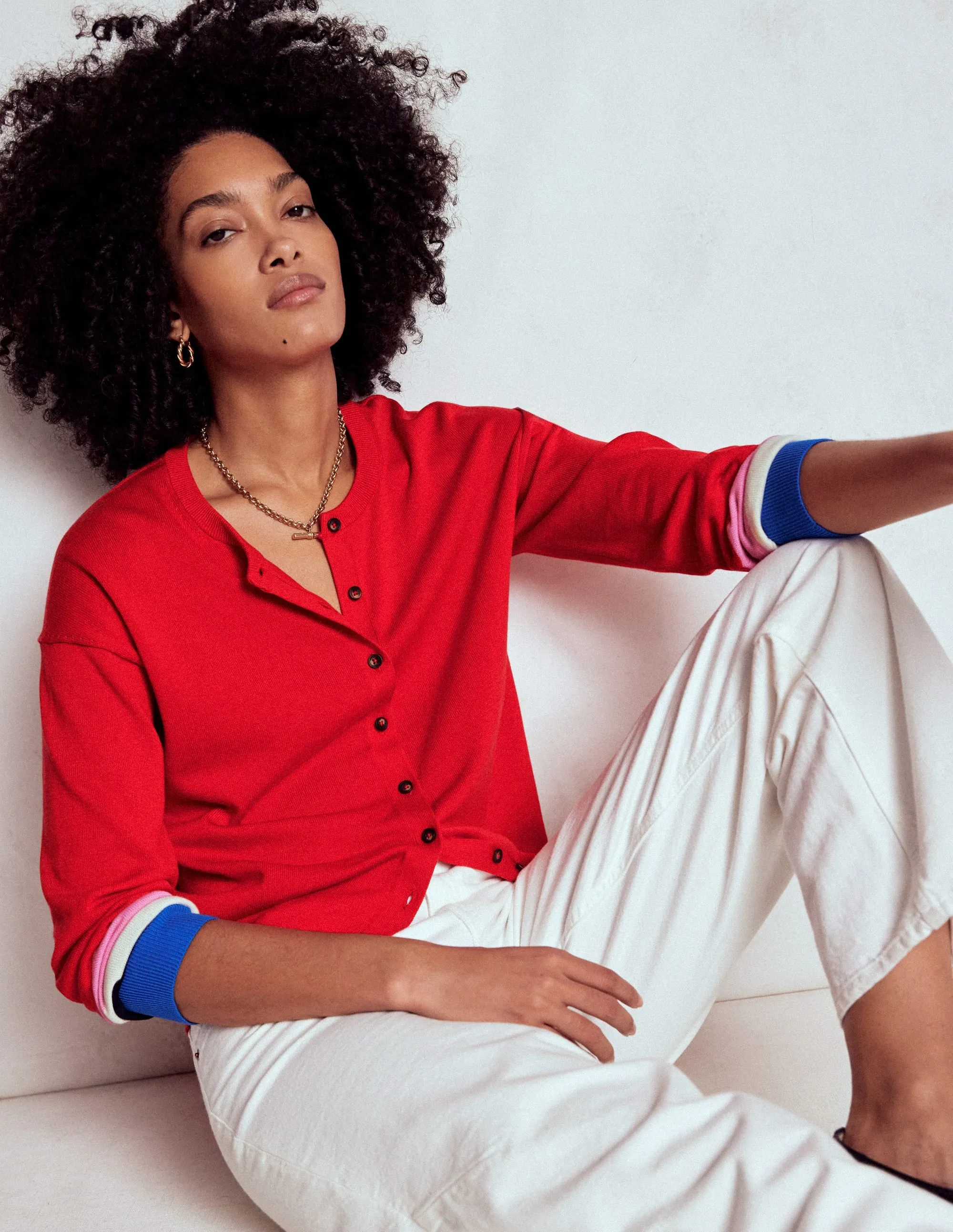 Mood Booster Lara Relaxed Cotton Cardigan-Poppy Red, Cuff Stripe