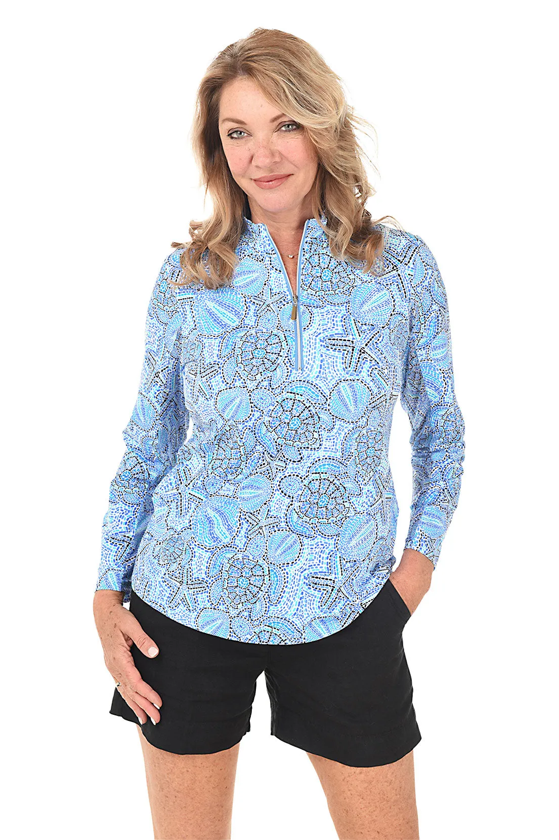 Sealife Dots Cooling UPF50  Mock Neck Top OdorControl Technology