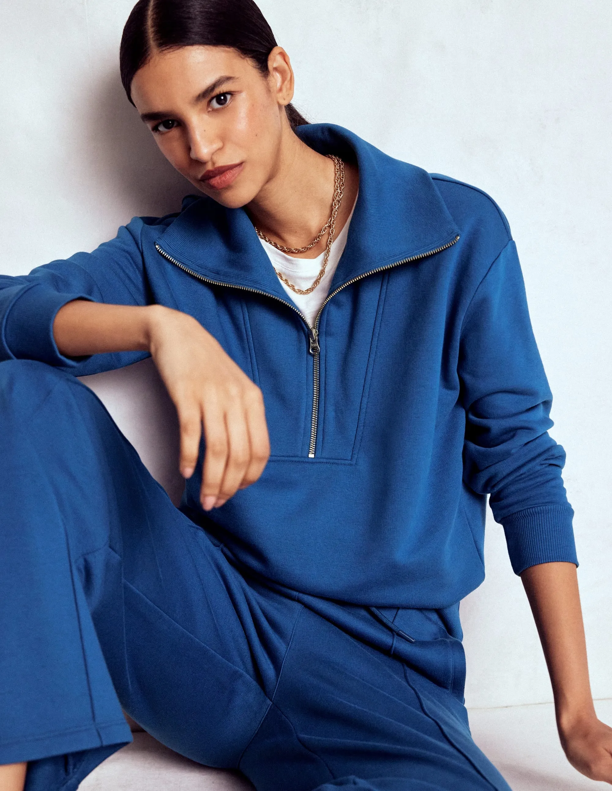 DoubleStitching Panelled Half-zip Sweatshirt-Tourmaline Blue