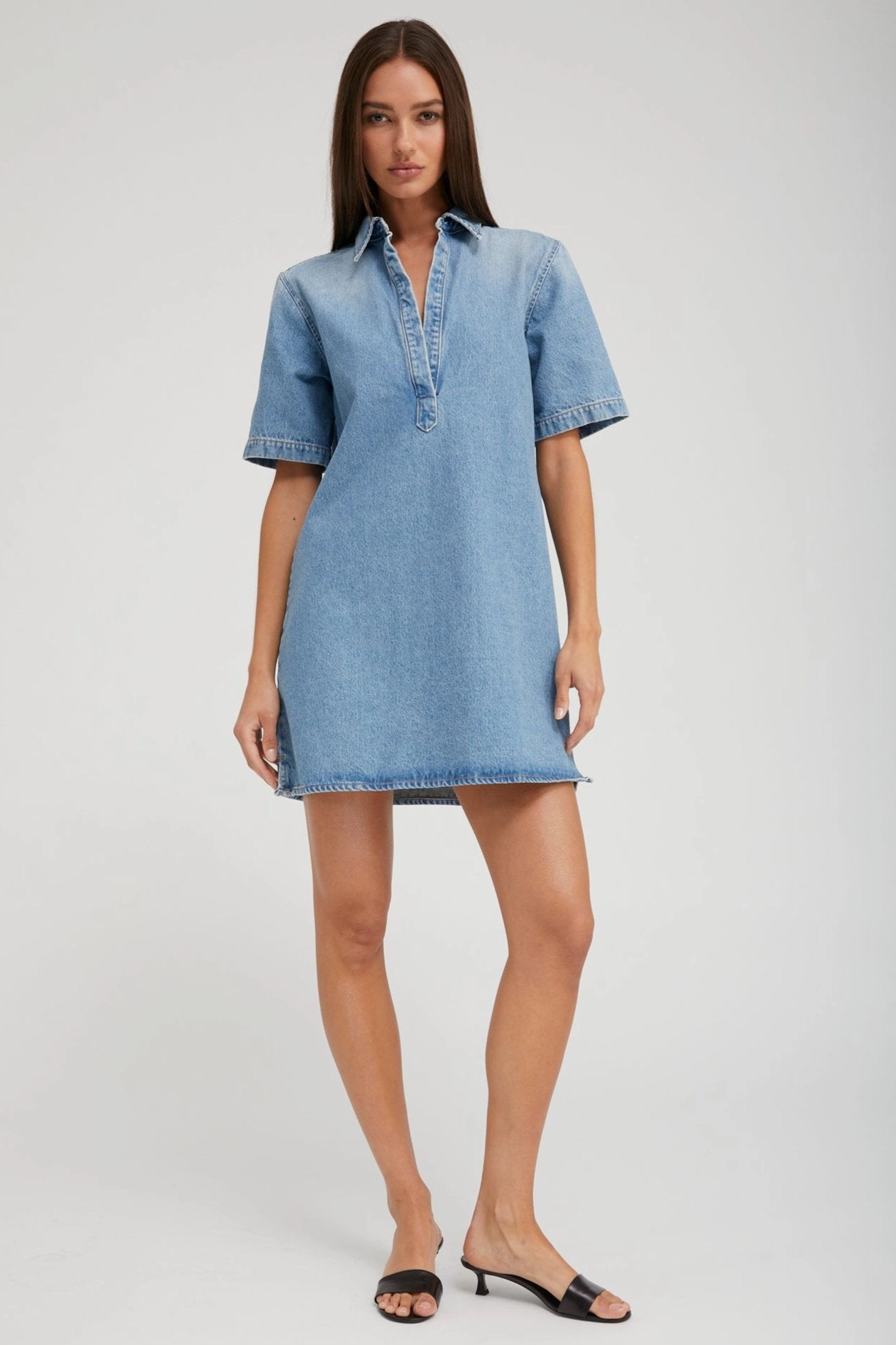 Double Stitched Hem Paradis Denim Mini Henley Dress