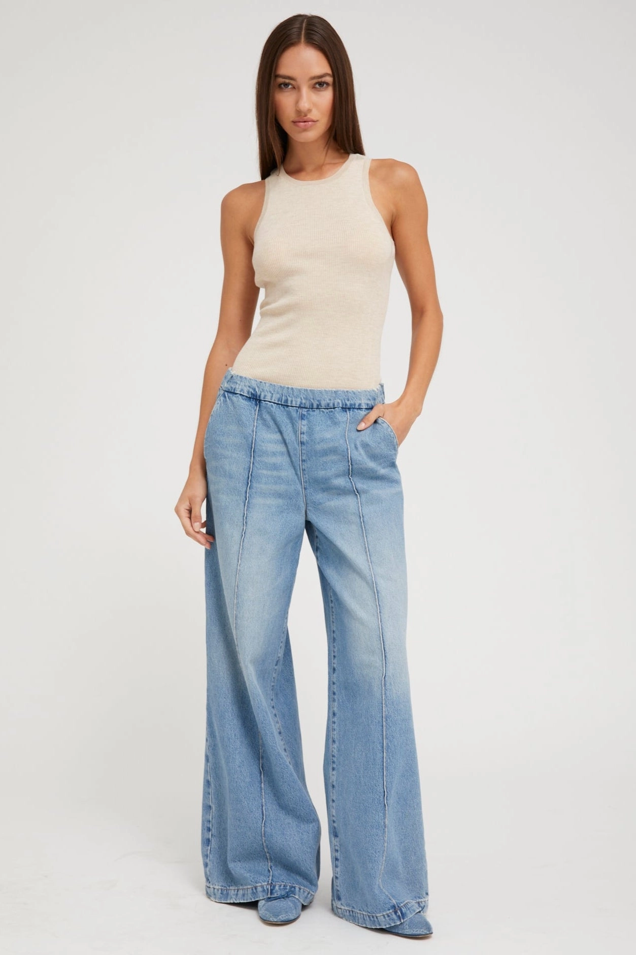 Paradis Denim Wide Leg Pintuck Pants VNeckReinforcement