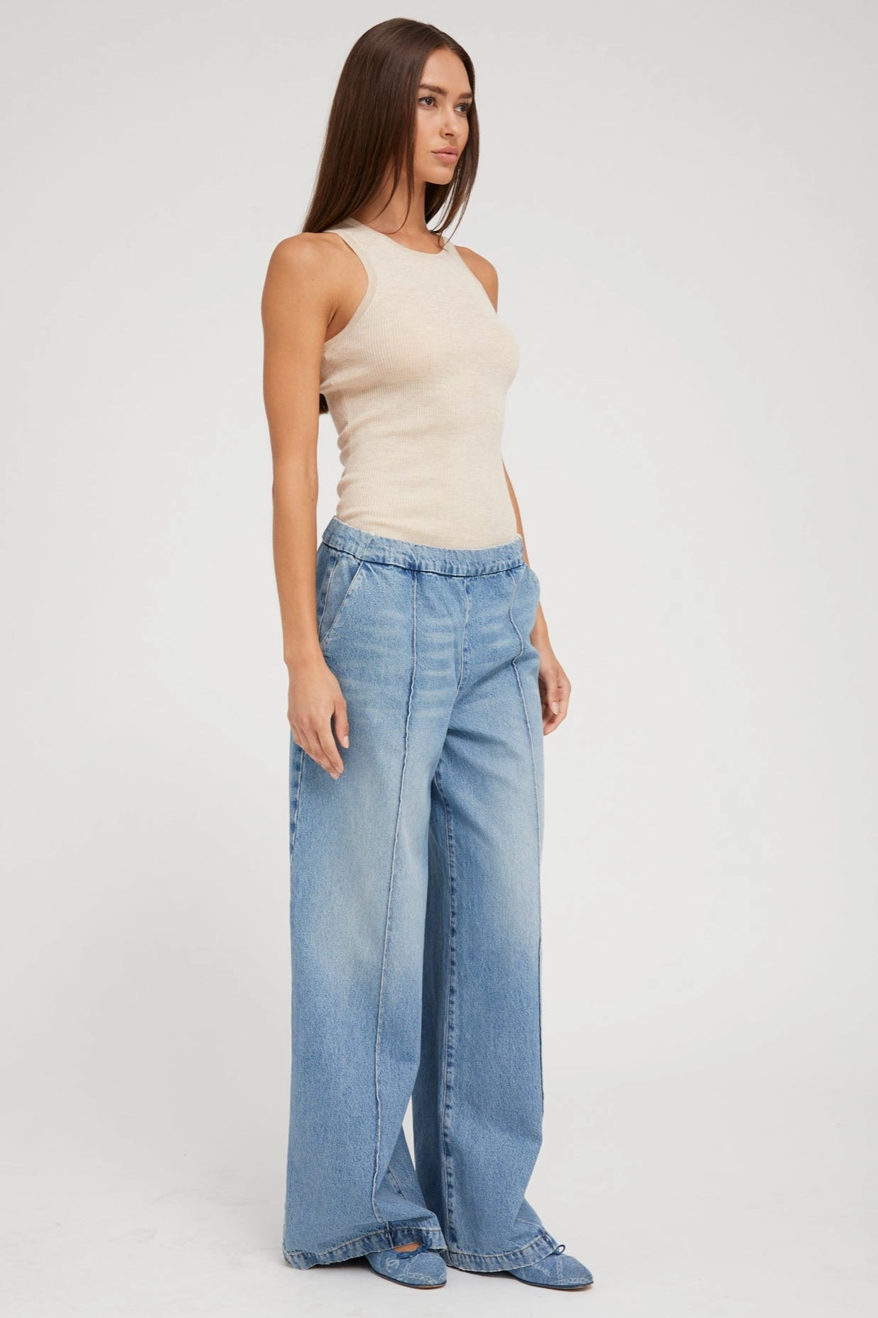 Paradis Denim Wide Leg Pintuck Pants Versatile Shirt