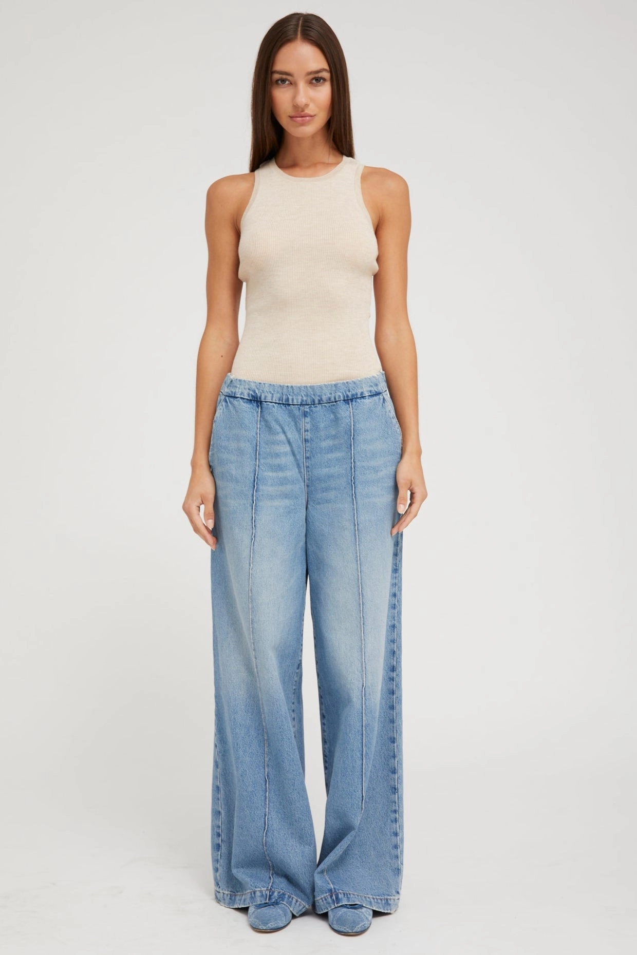 Paradis Denim Wide Leg Pintuck Pants Flatlock Seam Technique