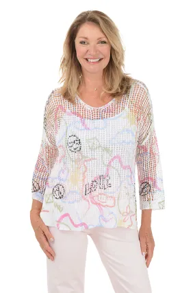 Pastel Graffiti Crochet High-Low Sweater Grid Texture Fabric Flex Fit Shoulder Construction