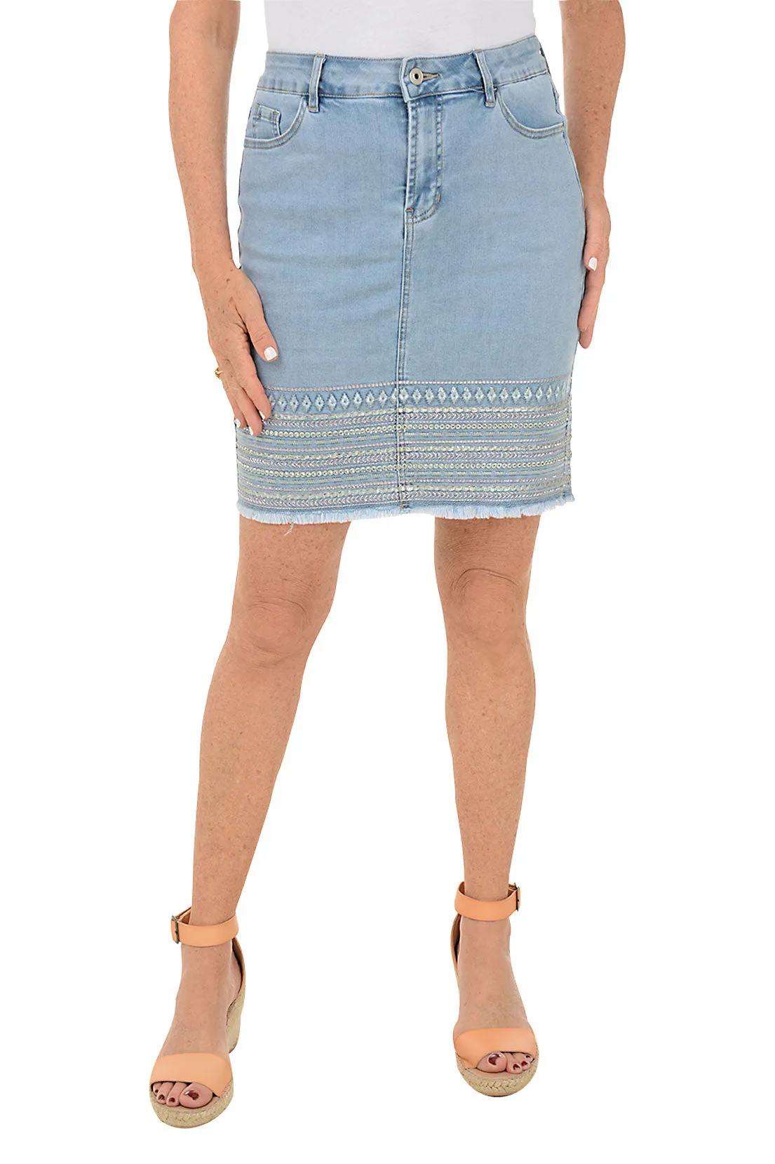 City Mood Freedom Flex Pastel Rhinestone Hem Denim Skort
