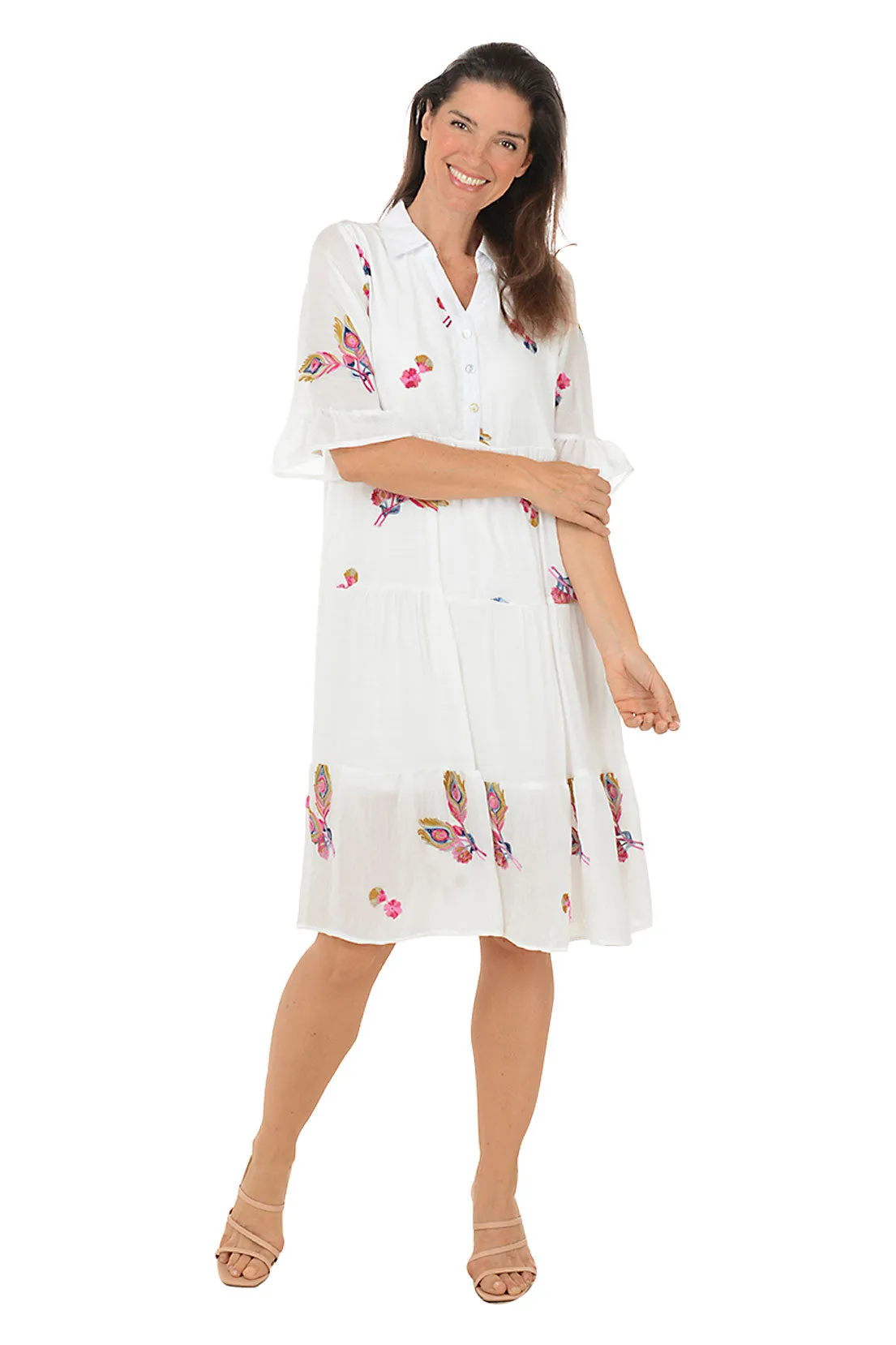 Peacock Feather Embroidered Tiered Dress Fluid Shape Water-Repellent-Finish