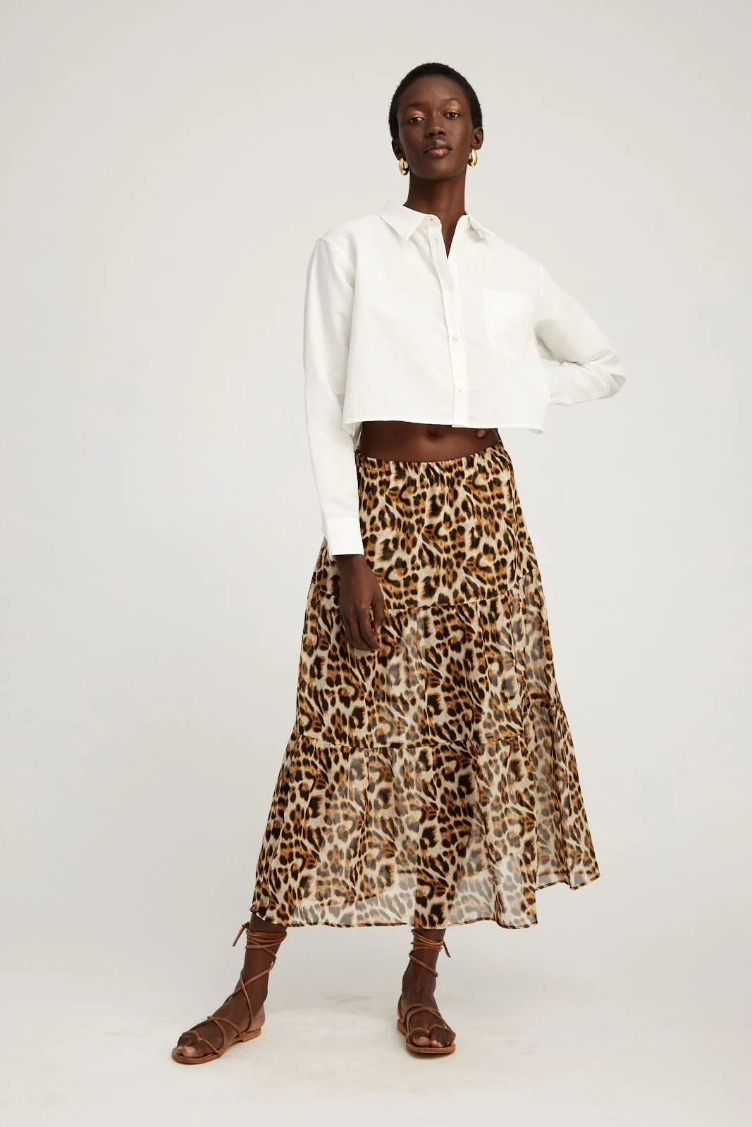 Chic Appeal Twist Knot Details Leopard Silk Chiffon Tiered Maxi Skirt