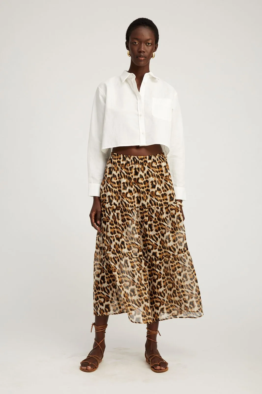 Moisture Wicking Textile Leopard Silk Chiffon Tiered Maxi Skirt