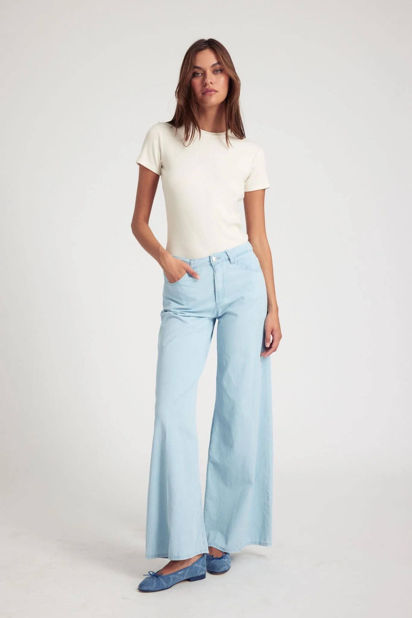 Light Blue Chambray Wide Leg Pants FlexibleKneePanels