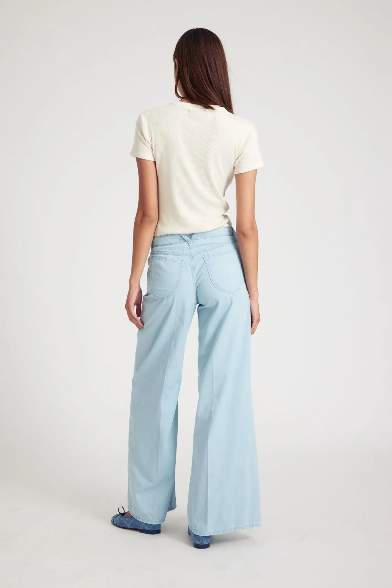 Light Blue Chambray Wide Leg Pants Formal Look Multi Panel Construction
