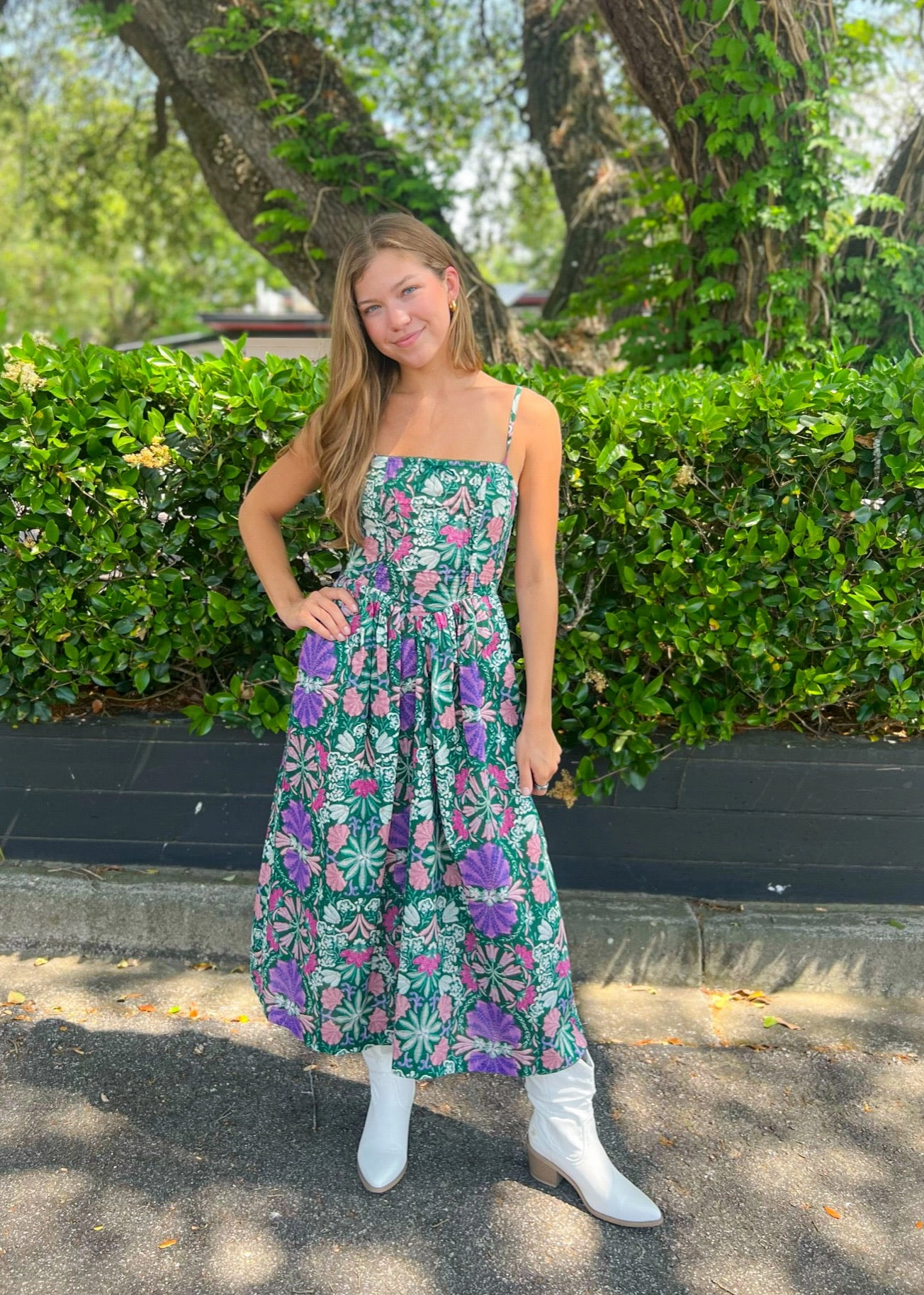 CATHERINE FLORAL OPEN-BACK MIDI DRESS Seasonal Wear Compact Fit