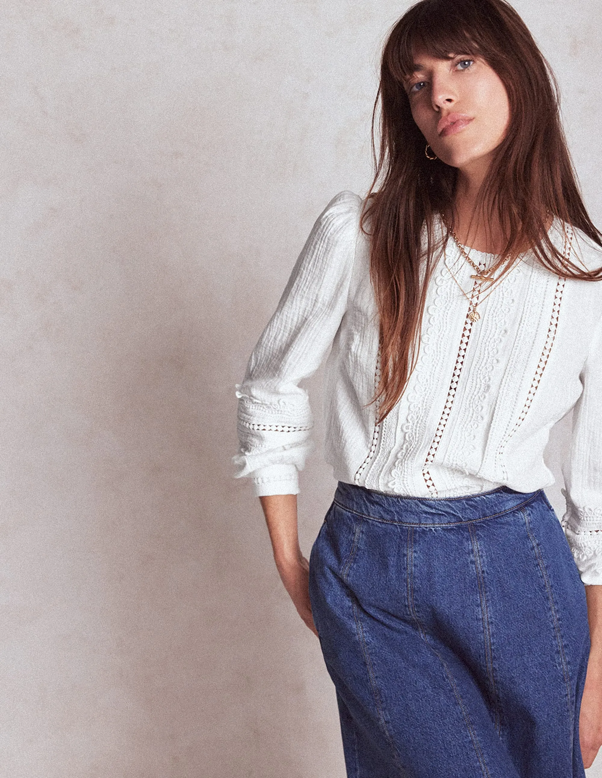 Trim Interest Double Cloth Top-White Layered Panel Construction Summer Blouse