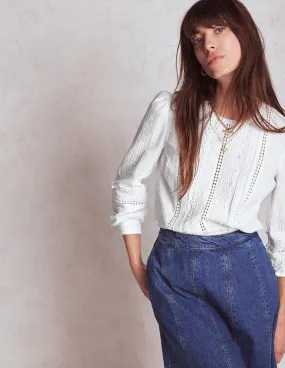 Trim Interest Double Cloth Top-White Layered Panel Construction Summer Blouse