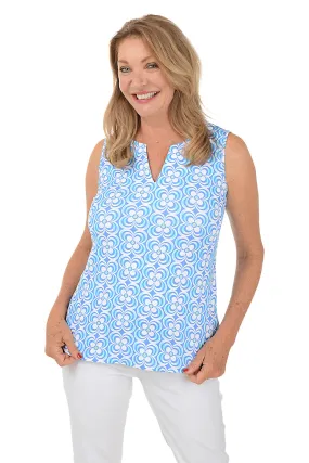 Periwinkle Optical Daisy UPF50  Split Neck Sleeveless Top Lux Look Asymmetric-Neck