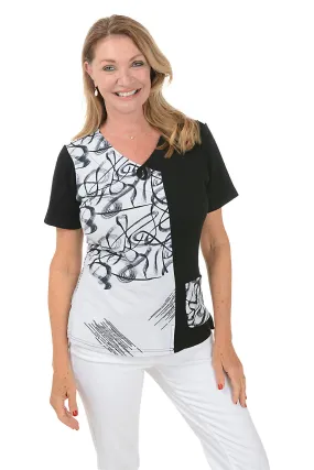 Petite Belle Button Pocket Short Sleeve Top ThermalRegulating Fabric All Over Print Technique