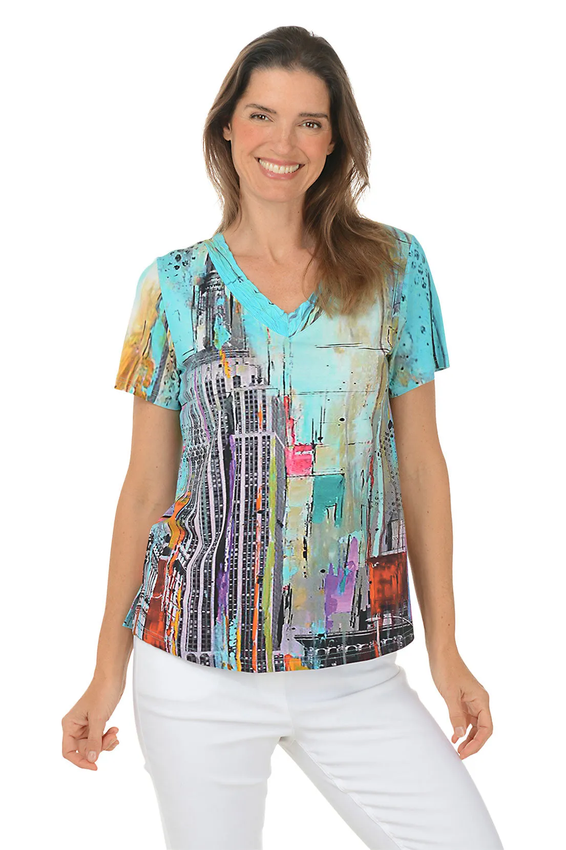 Petite Chicago Shirred V-Neck Tee UltraSoft Lining Ethical production