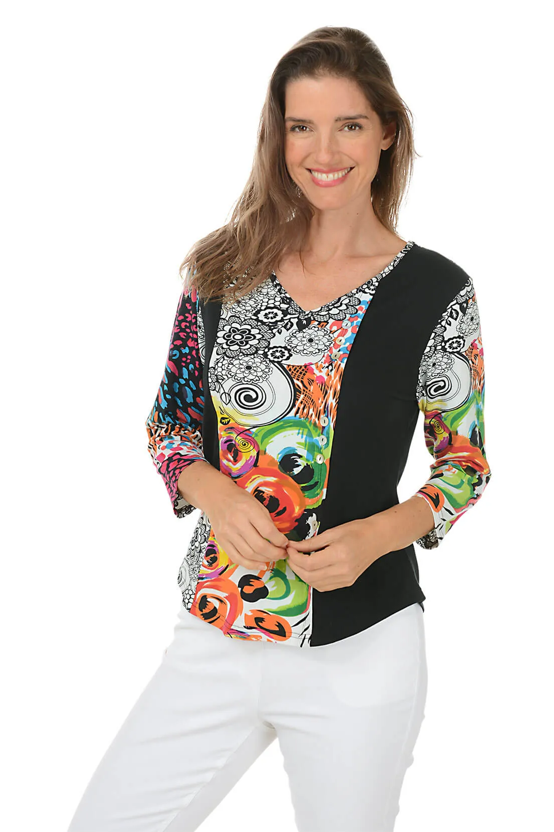 NonIrritatingSeams Petite Eliza V-Neck Offset Button Top