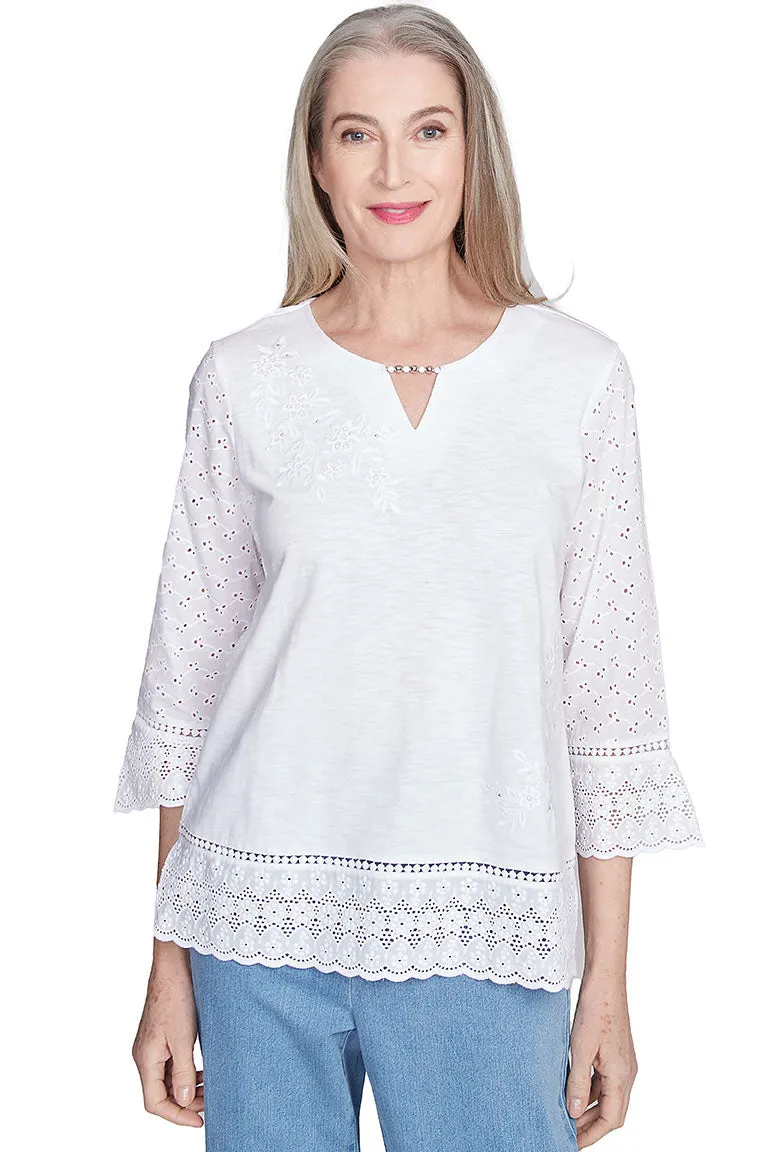 Petite Flower Power Floral Eyelet Top LightweightTexture Midweight Four Way Stretch