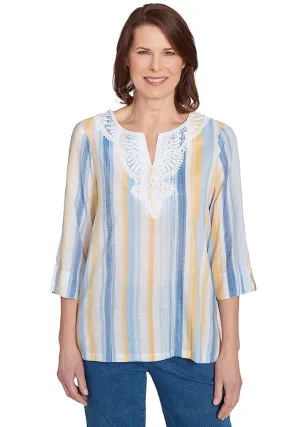 AntiStatic Material Layered Hemline Petite Flower Power Striped Lace Neck Blouse