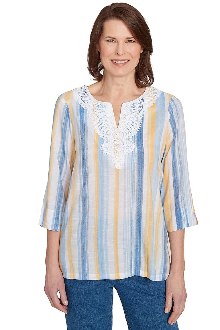 Petite Flower Power Striped Lace Neck Blouse Layered Collar Temperature Control Technology