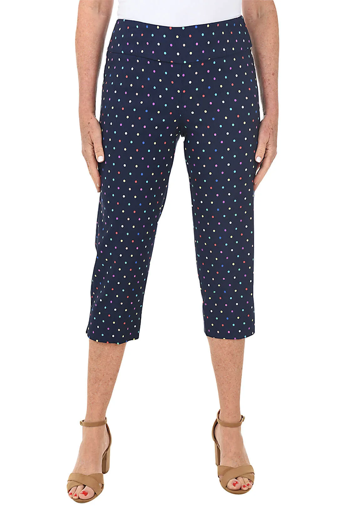 Chilly Day Comfort Petite Navy Rainbow Dots Pull-On Crop Pant
