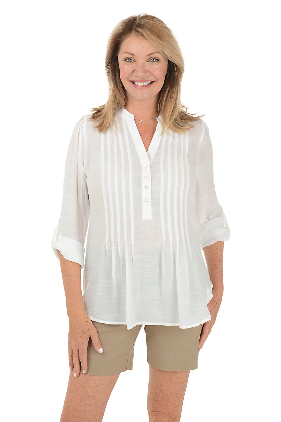 Reinforced Buttonholes Double Chest Pocket Petite Pleated Front Roll Sleeve Blouse